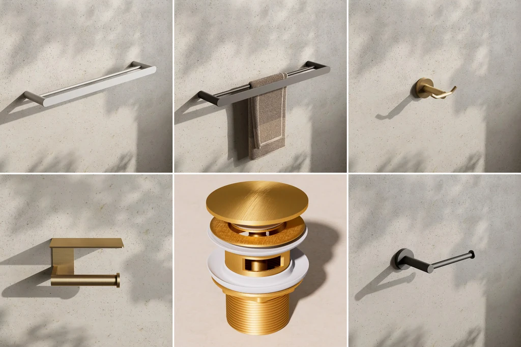 Six renders of bathroom accessories in brushed stainless, gunmetal black, brushed gold and aged gold finishes arranged in a grid
