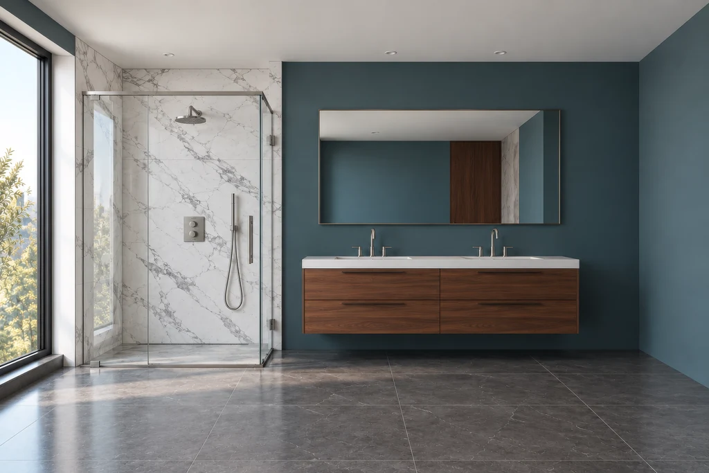 Render of a hotel bathroom with a frameless glass shower enclosure in marble, a rain shower and a double vanity against a teal wall