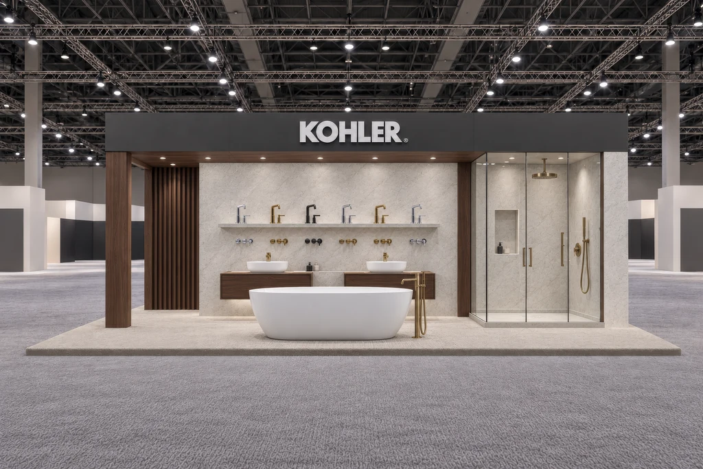 Render of a bathroom brand stand at a trade show with a wall of faucets, two vessel basins, a freestanding bathtub and a glass shower