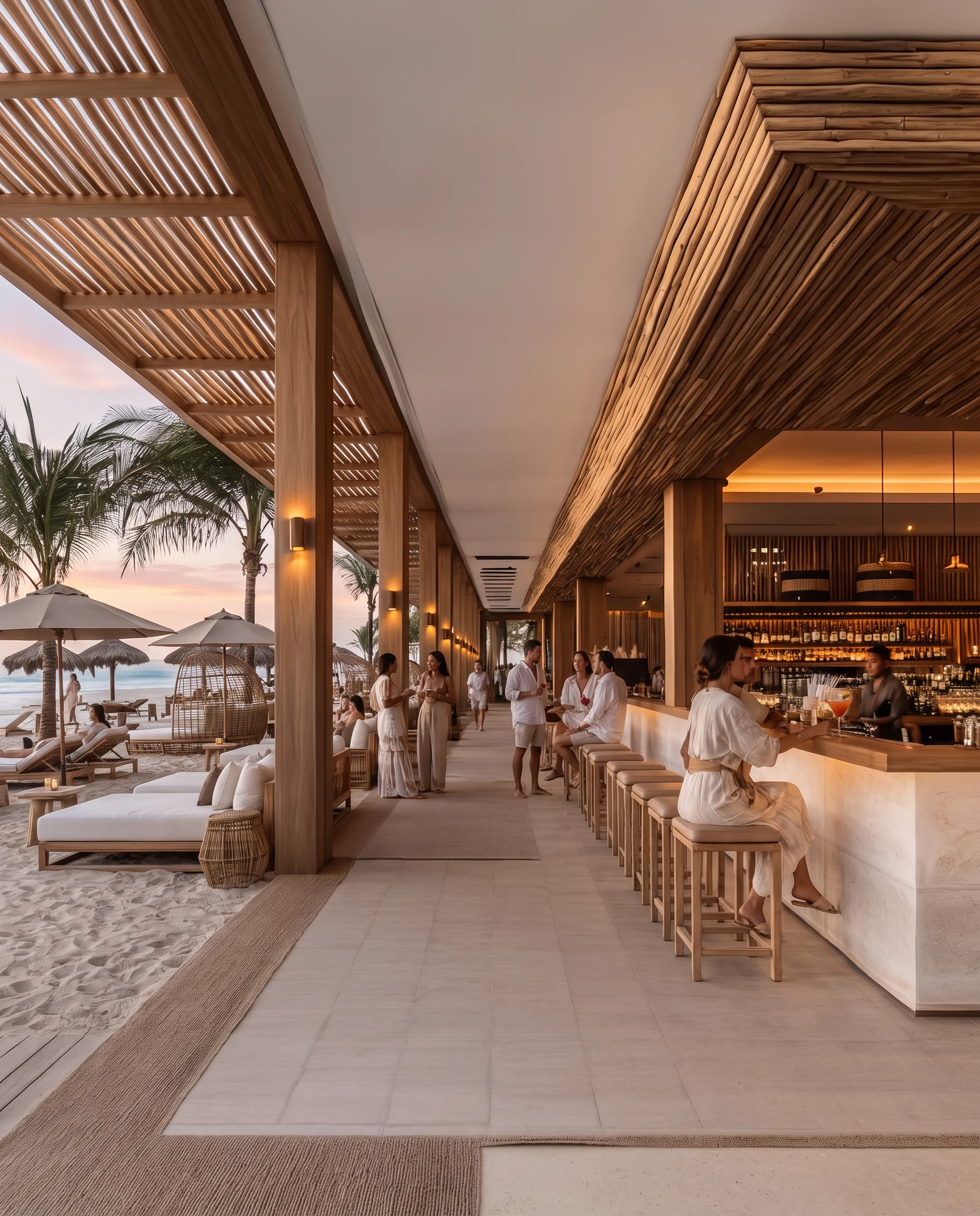 Portrait render of a resort beach bar by day with a timber slatted roof, a long bar counter and stools