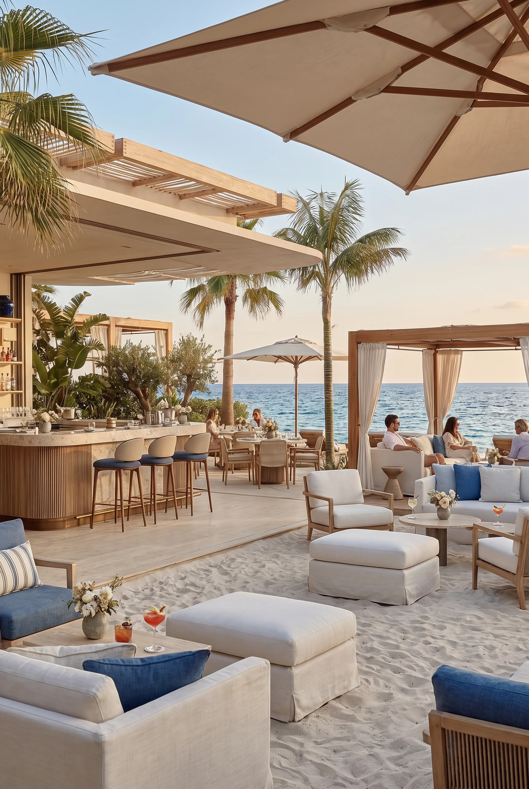 Portrait render of a resort beach bar by day with lounge sofas under umbrellas on the sand