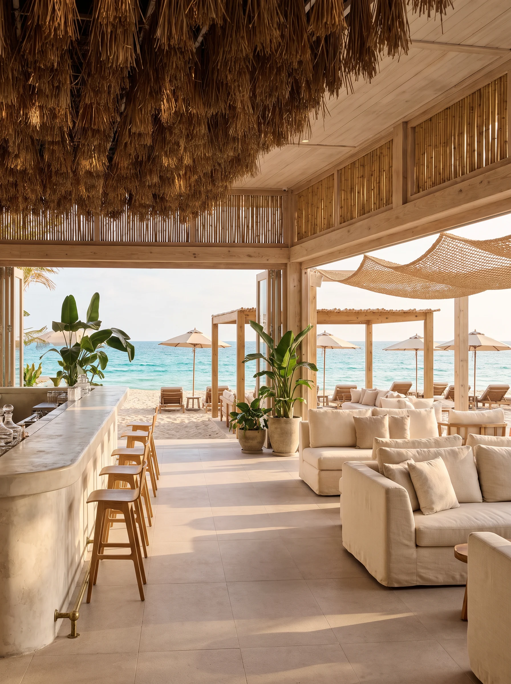 Portrait render of a resort beach bar by day with a thatched ceiling, lounge seating and a view of the sea