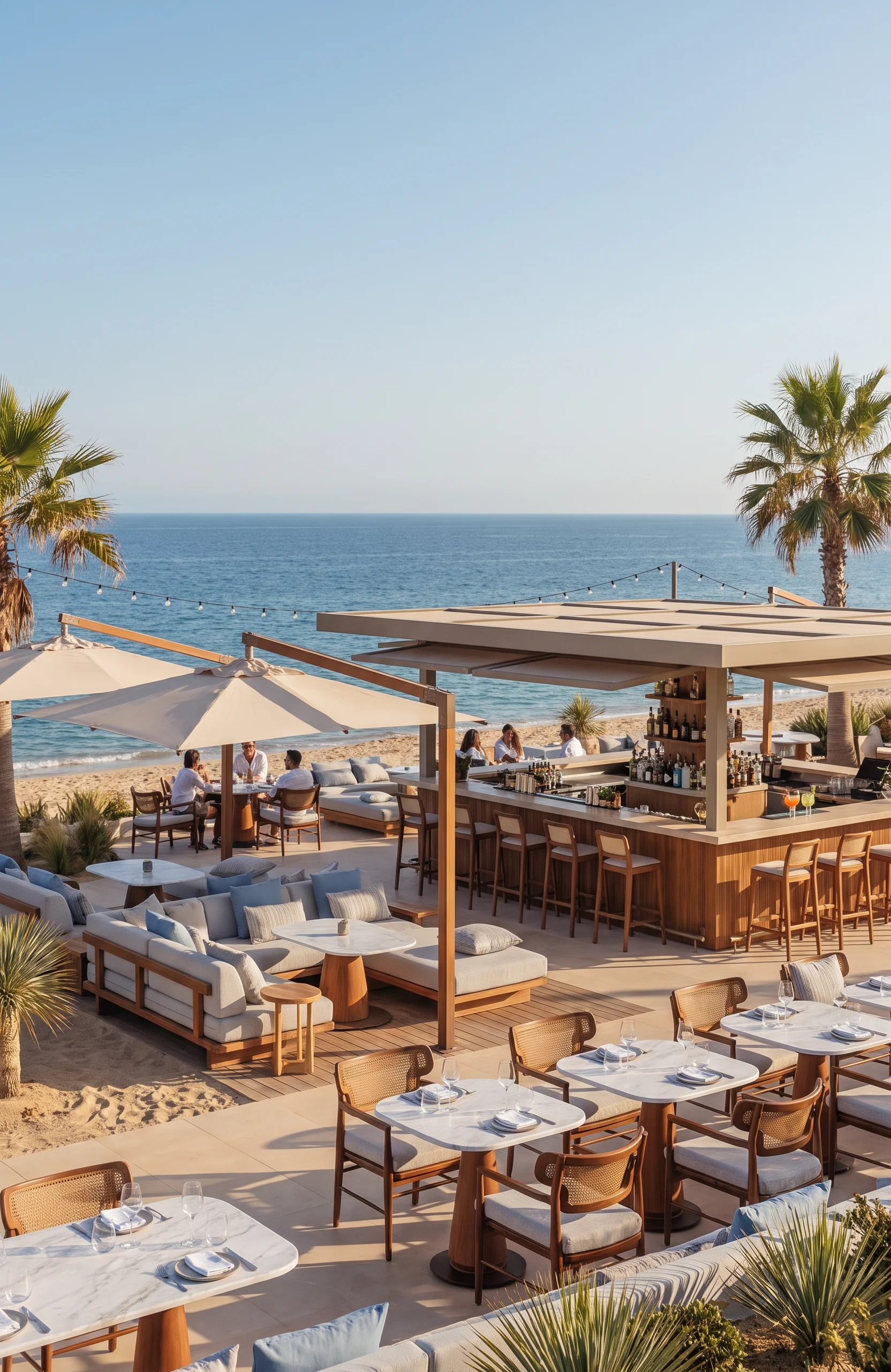 Portrait render of a resort beach bar terrace by day with dining tables, a timber pergola and the sea behind