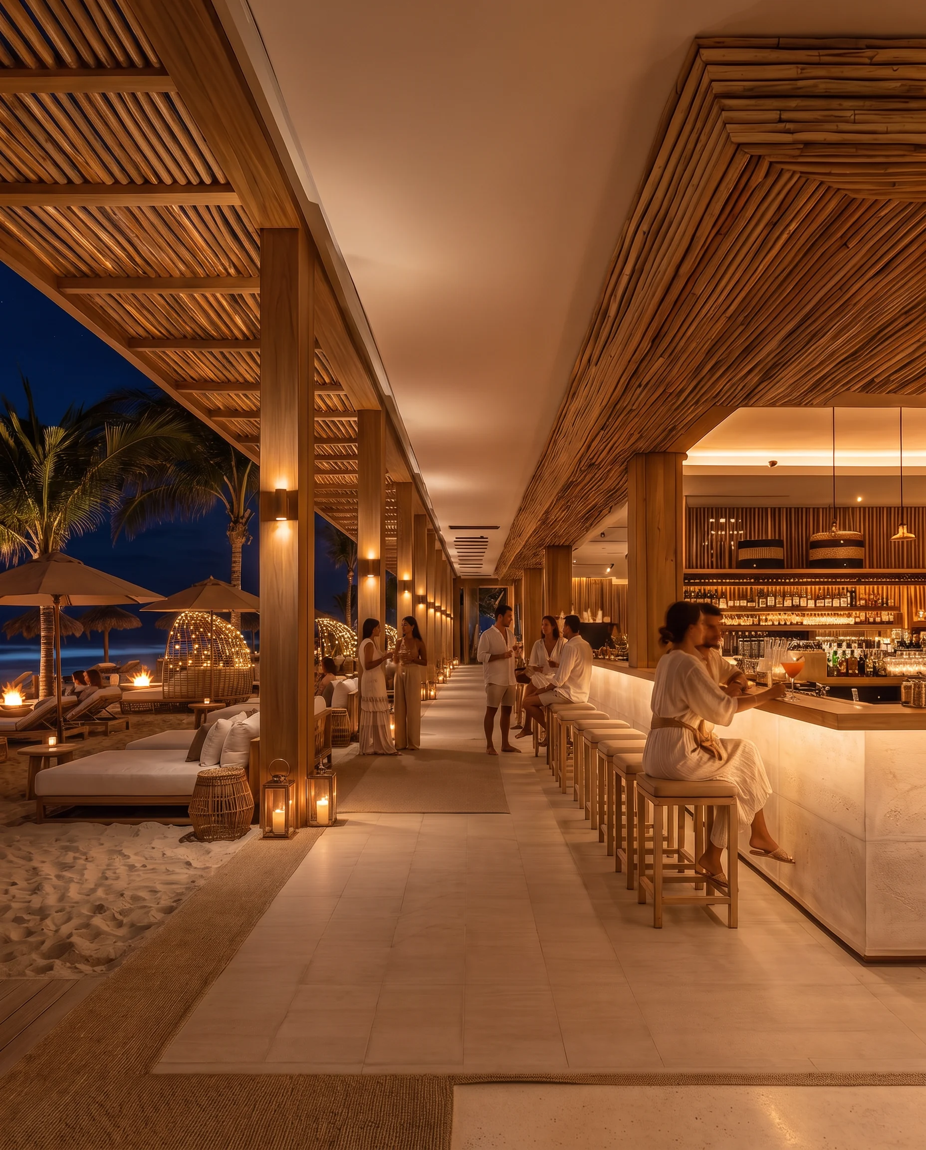 Portrait render of a resort beach bar at night with a timber slatted roof, warm lights, bar stools and lounge seating on the sand
