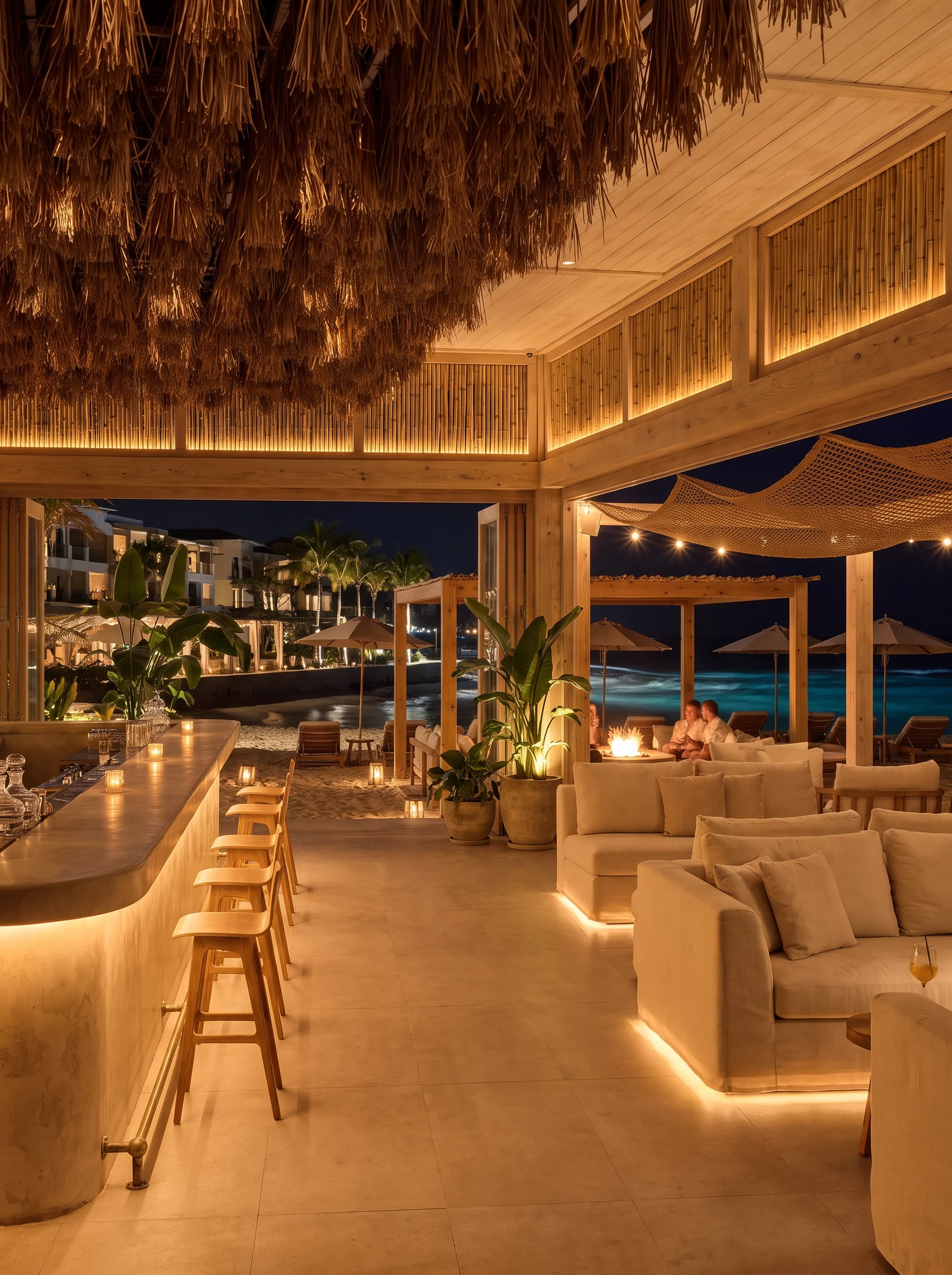 Portrait render of a resort beach bar at night with a thatched ceiling, warm lighting and lounge seating