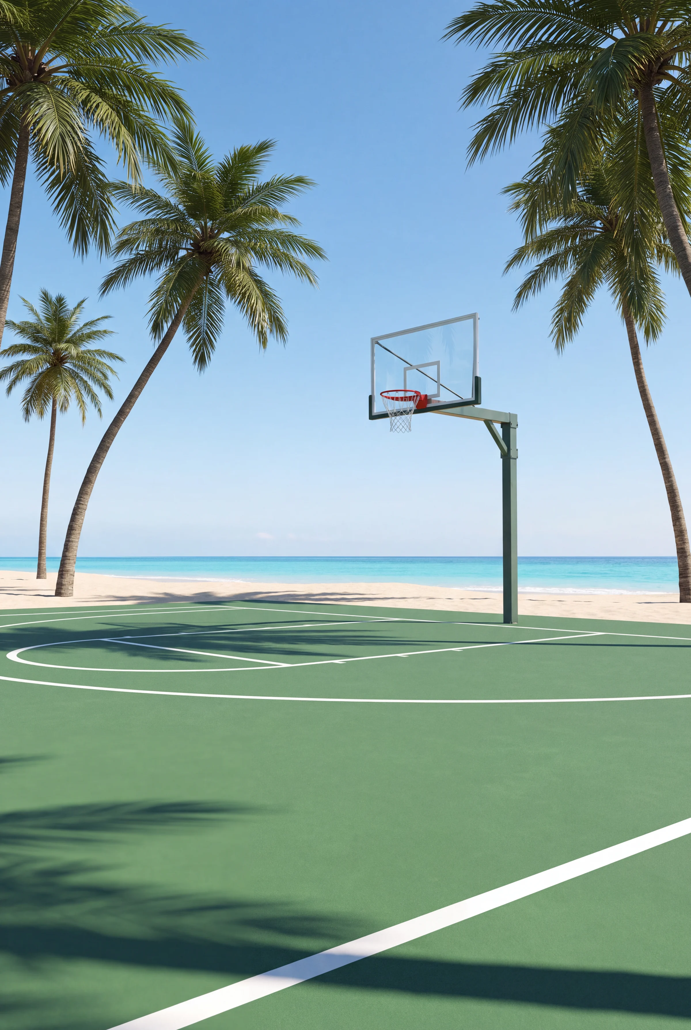 Portrait render of a resort basketball court with a green surface among palms by the beach