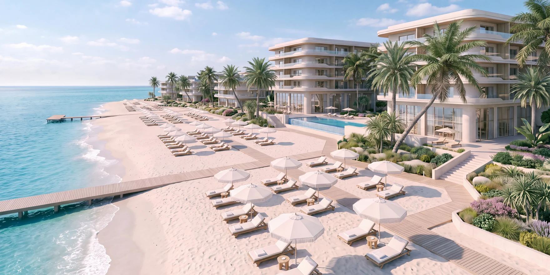 Render of a beachfront resort hotel with terraced white buildings, pools, palms and loungers on a white sand beach by a turquoise sea
