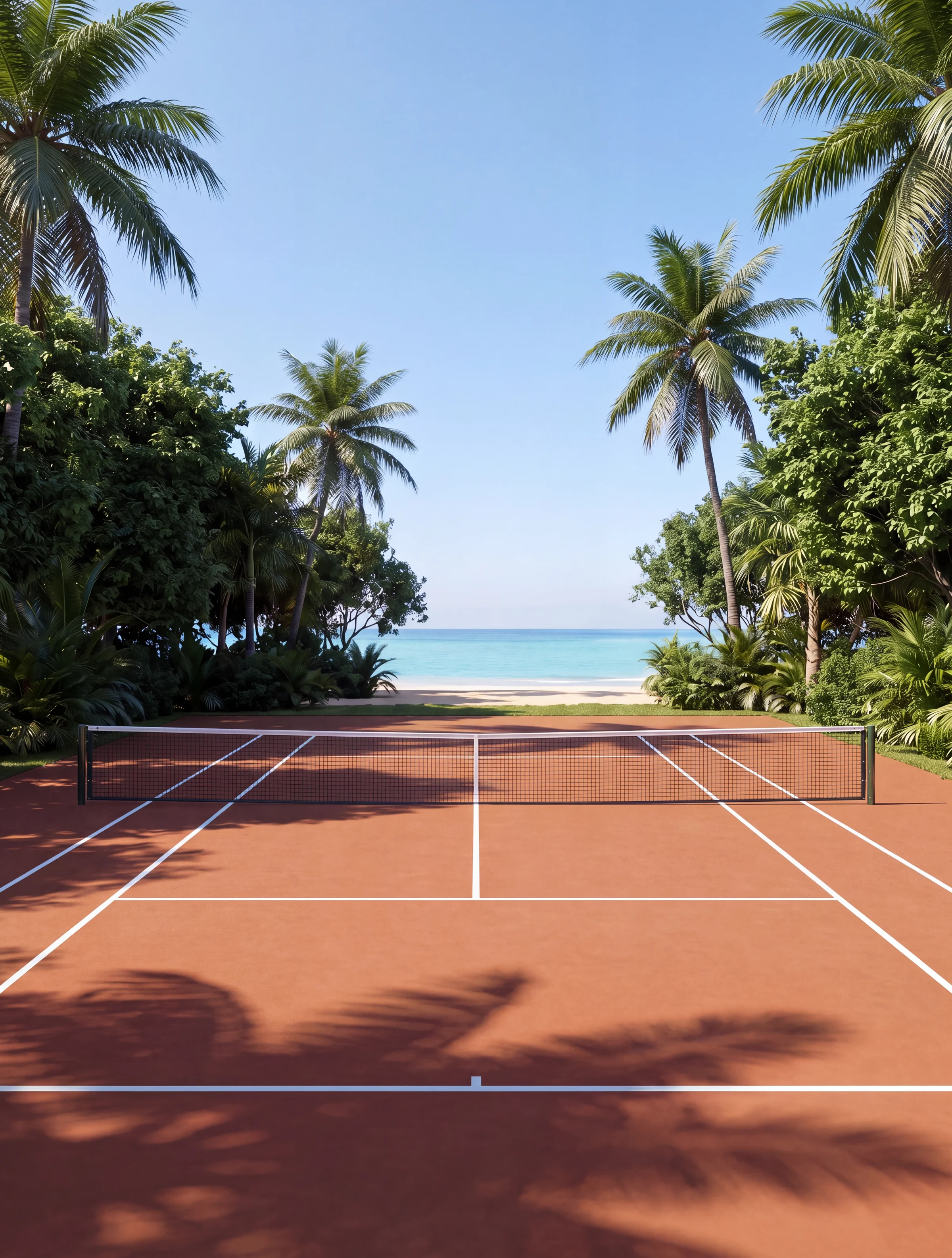 Portrait render of a resort clay tennis court between palms leading to the sea
