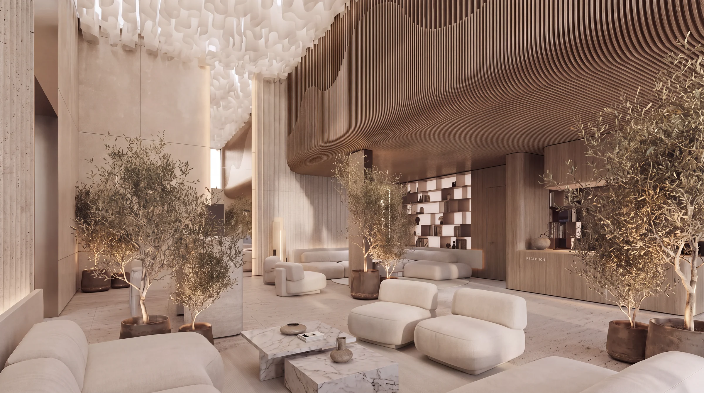 Render of a double-height resort lobby with olive trees, cream boucle sofas, a timber slatted ceiling and a shelving wall