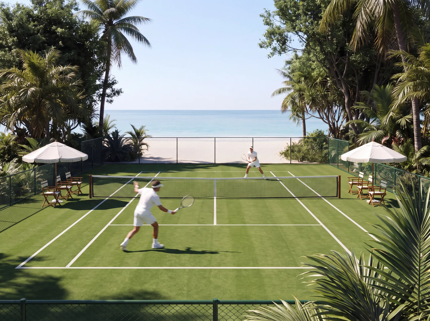 Render of a resort grass tennis court with two players, umbrellas and palms by the sea