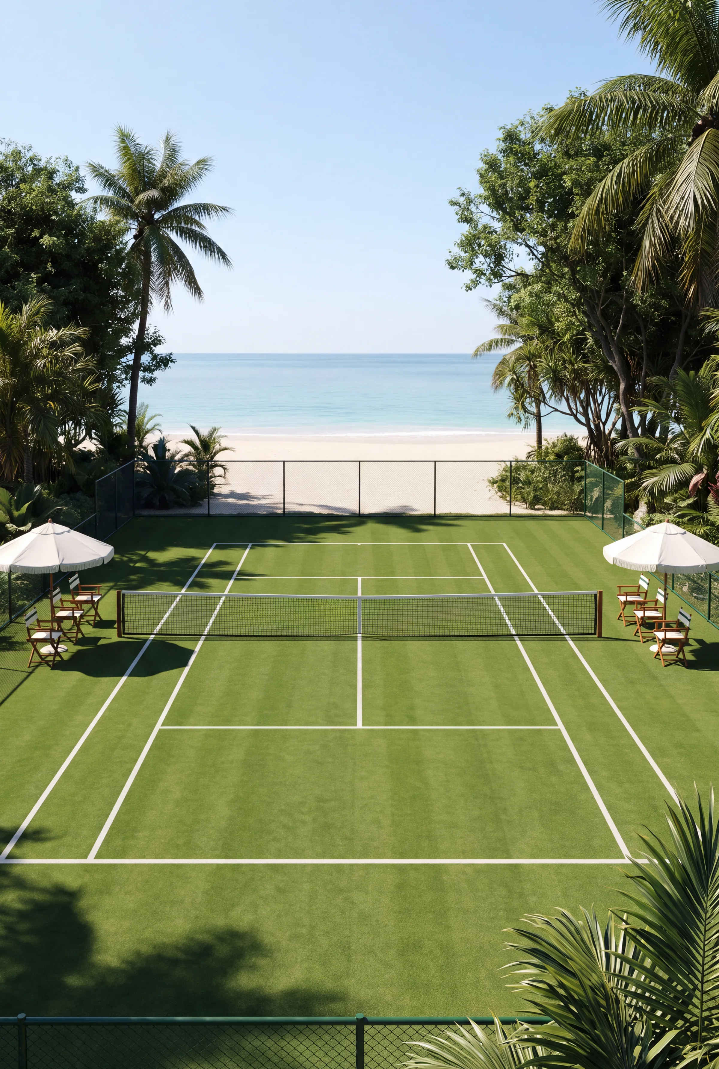 Portrait render of a resort grass tennis court framed by palms with the beach behind