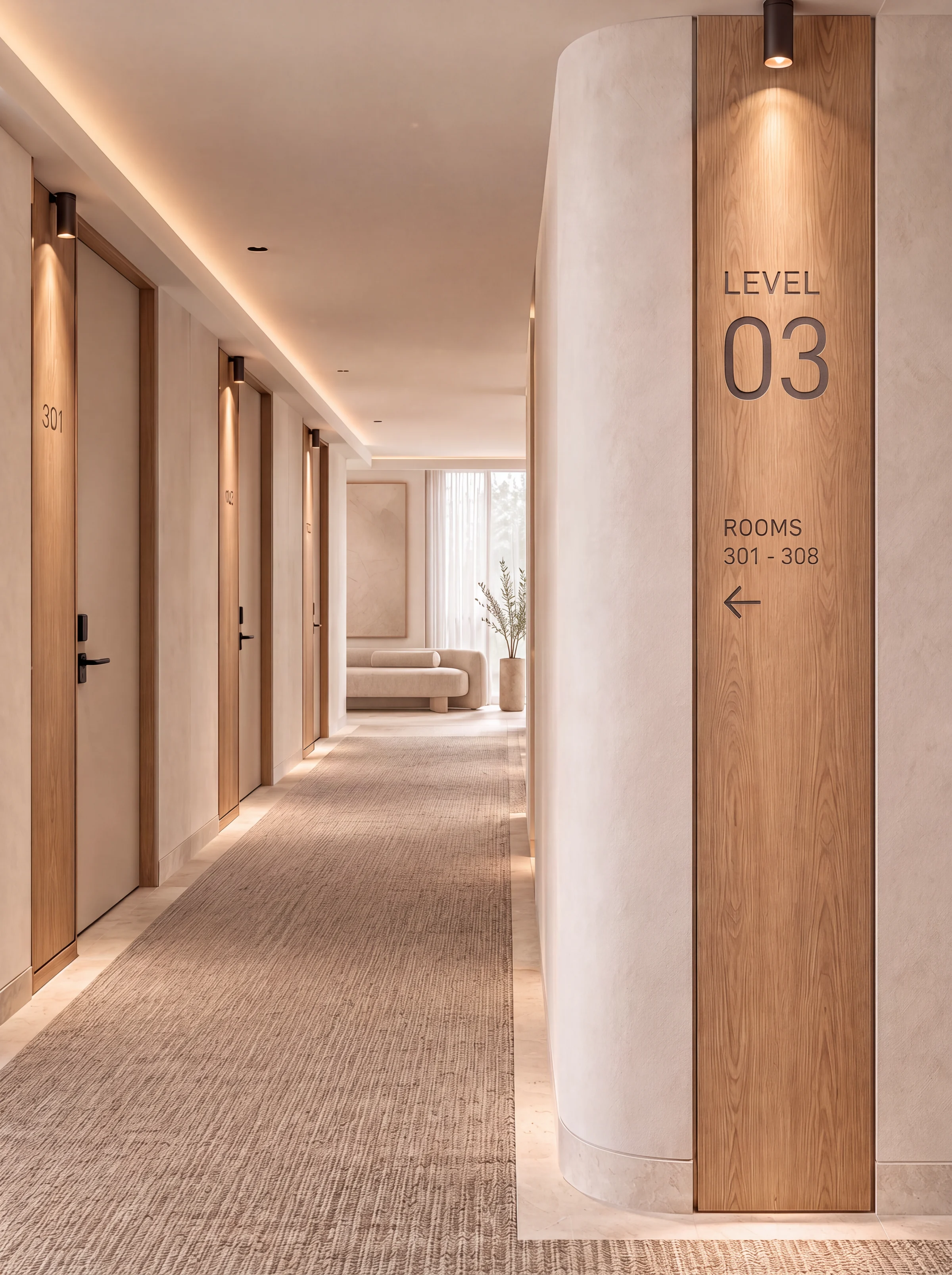 Portrait render of a resort guest corridor with a timber level sign, timber doors and a window at the end
