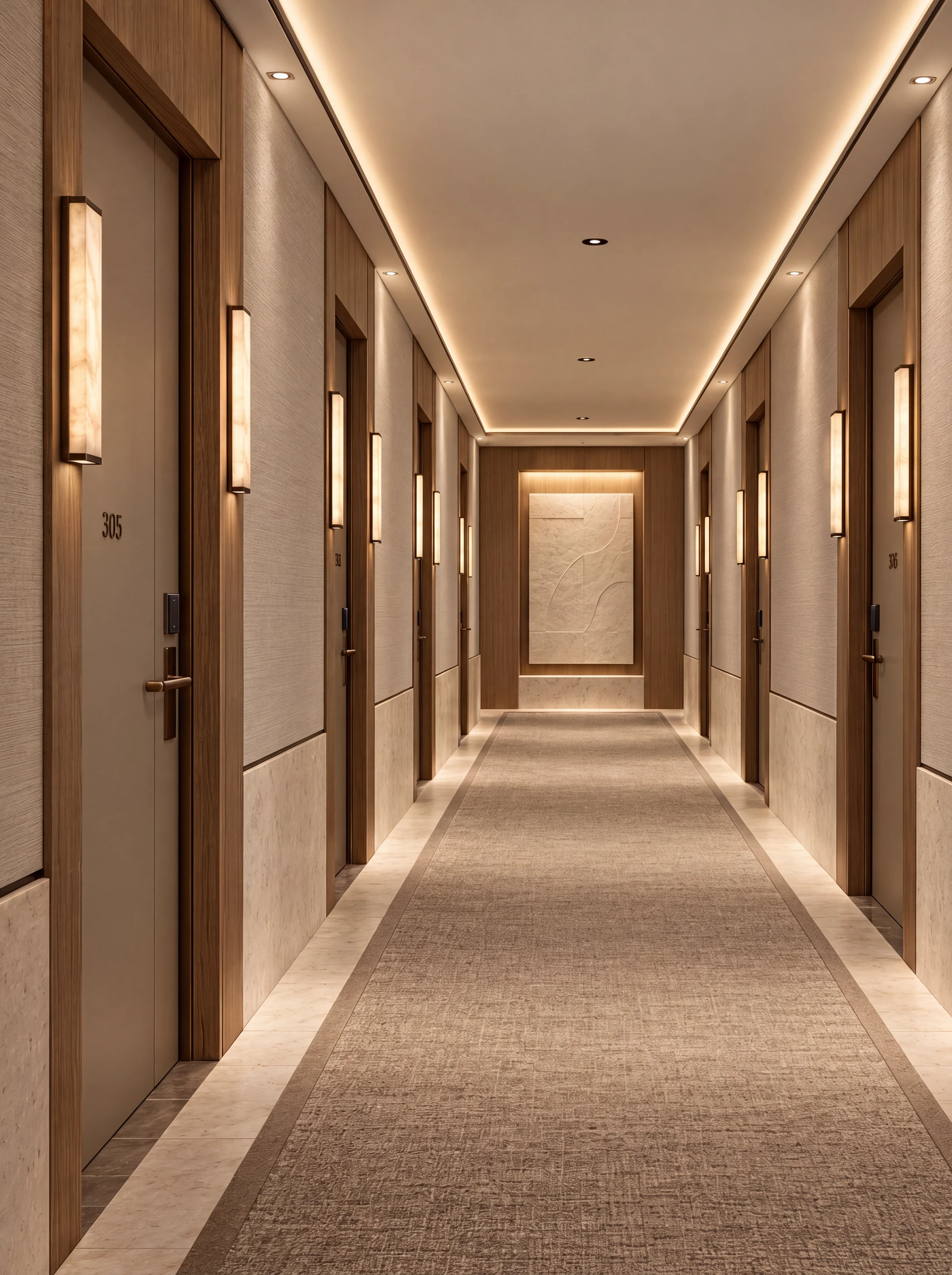 Portrait render of a resort guest corridor with timber doors, warm cove lighting and a patterned carpet