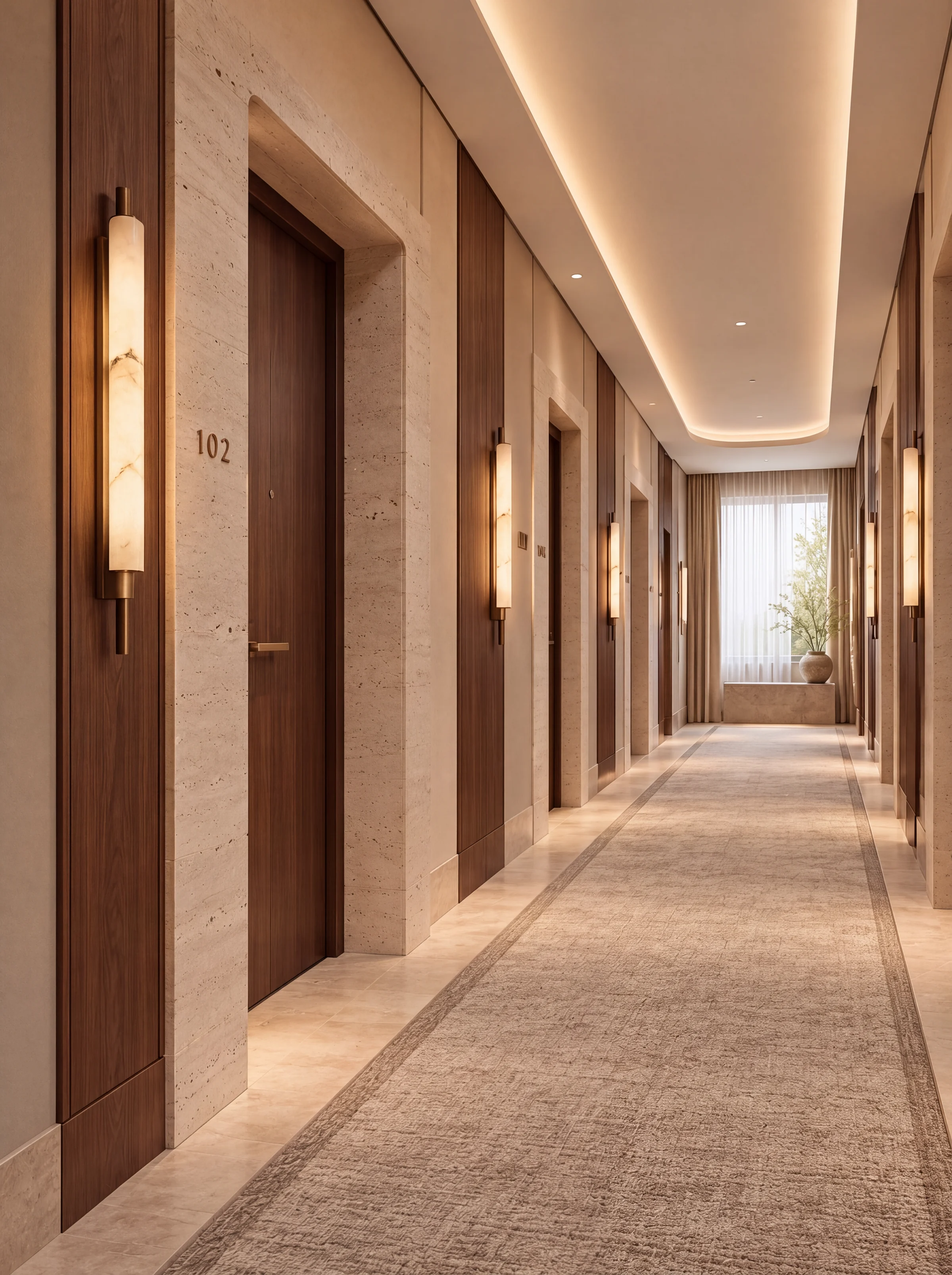 Portrait render of a resort guest corridor with stone walls, timber doors, wall lights and a window at the end
