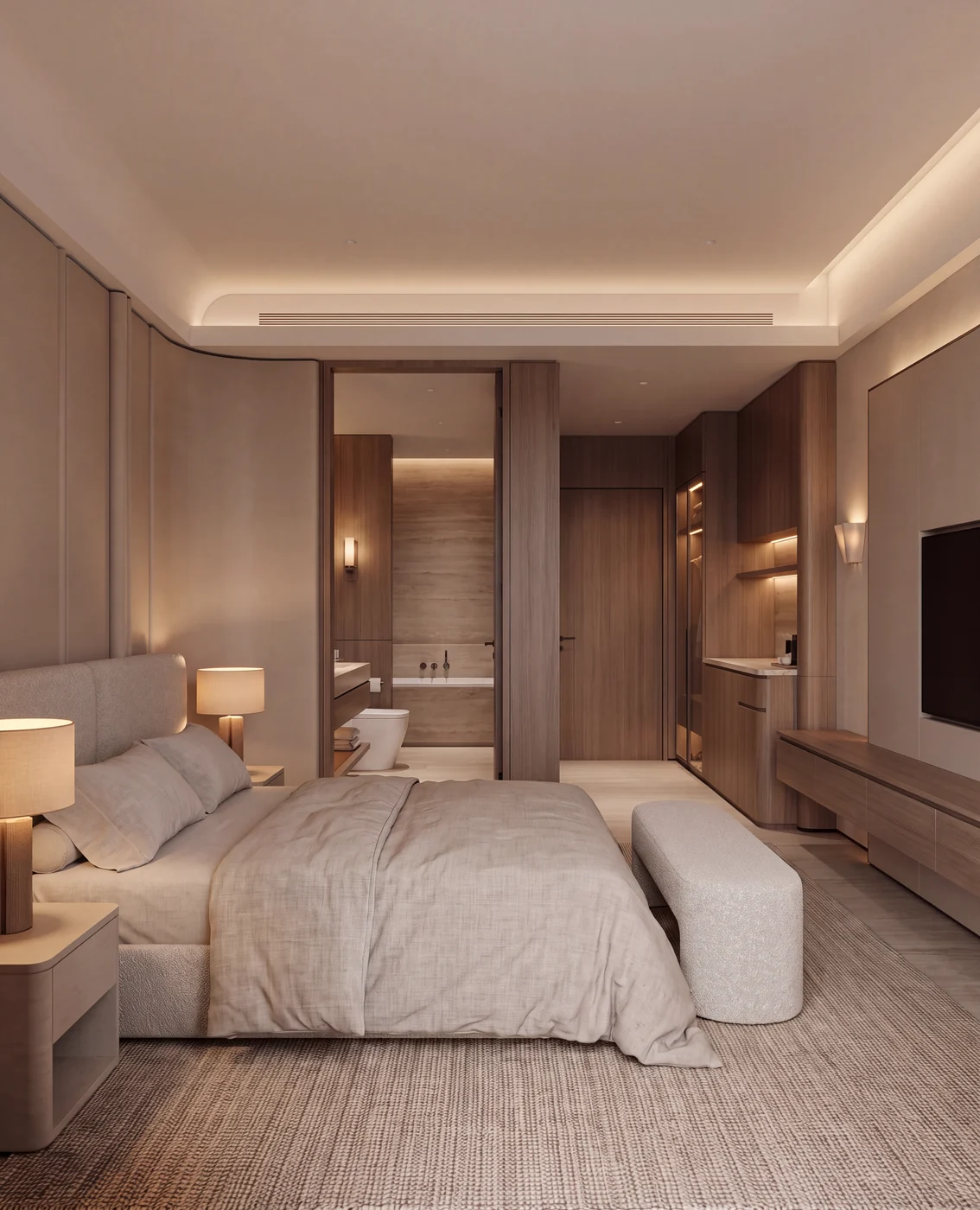 Render of a resort guest room with a low upholstered bed, warm wall lights, timber joinery and a view into the bathroom
