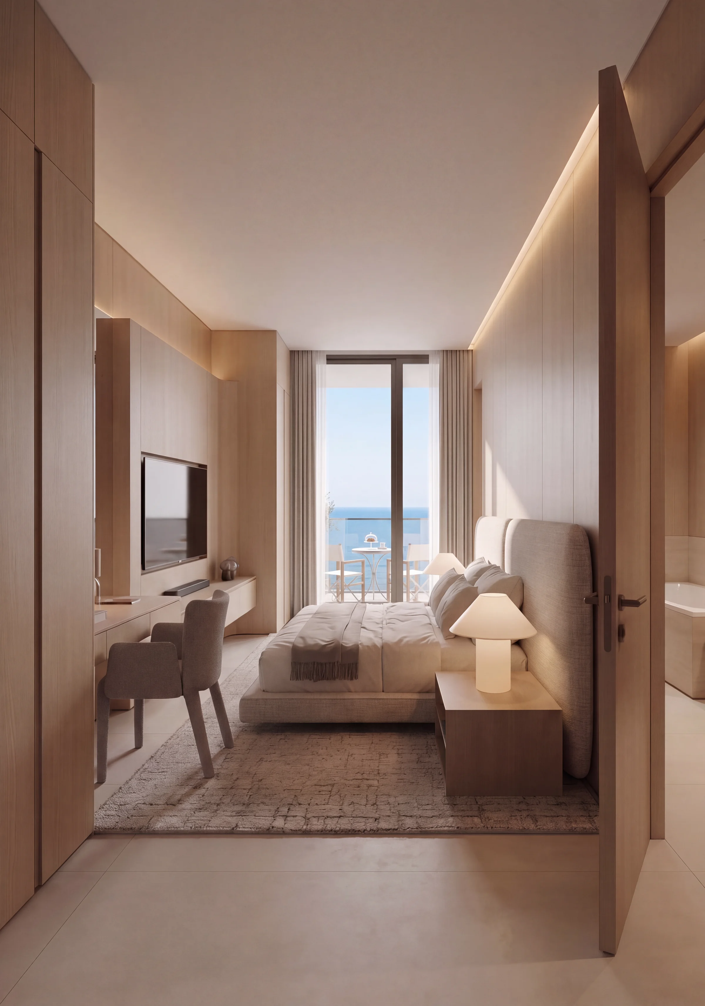 Portrait render of a resort guest room with a desk, a bed, a lamp and a balcony window to the sea
