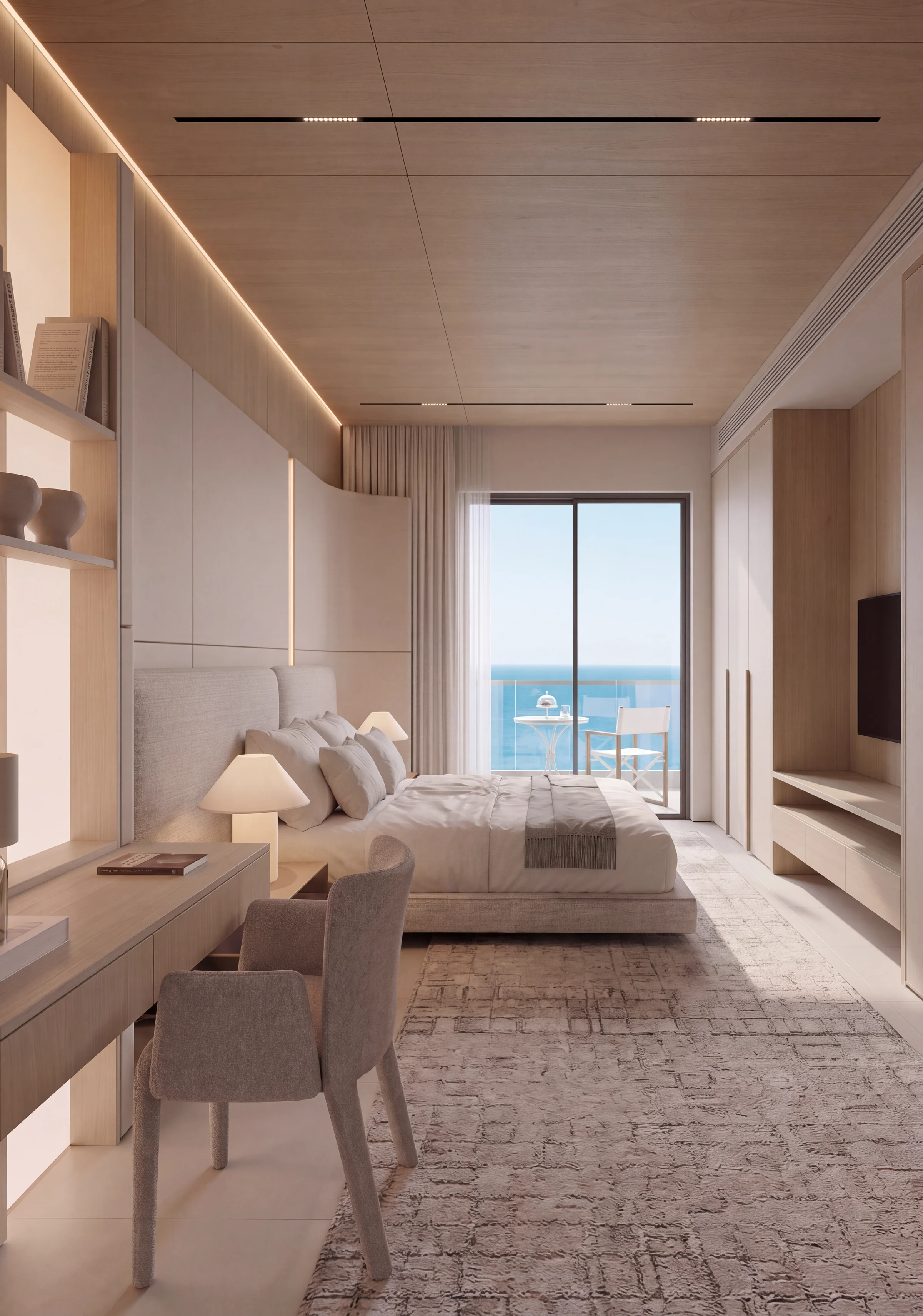 Portrait render of a resort guest room with a workspace, a bed and a full-height window to the sea