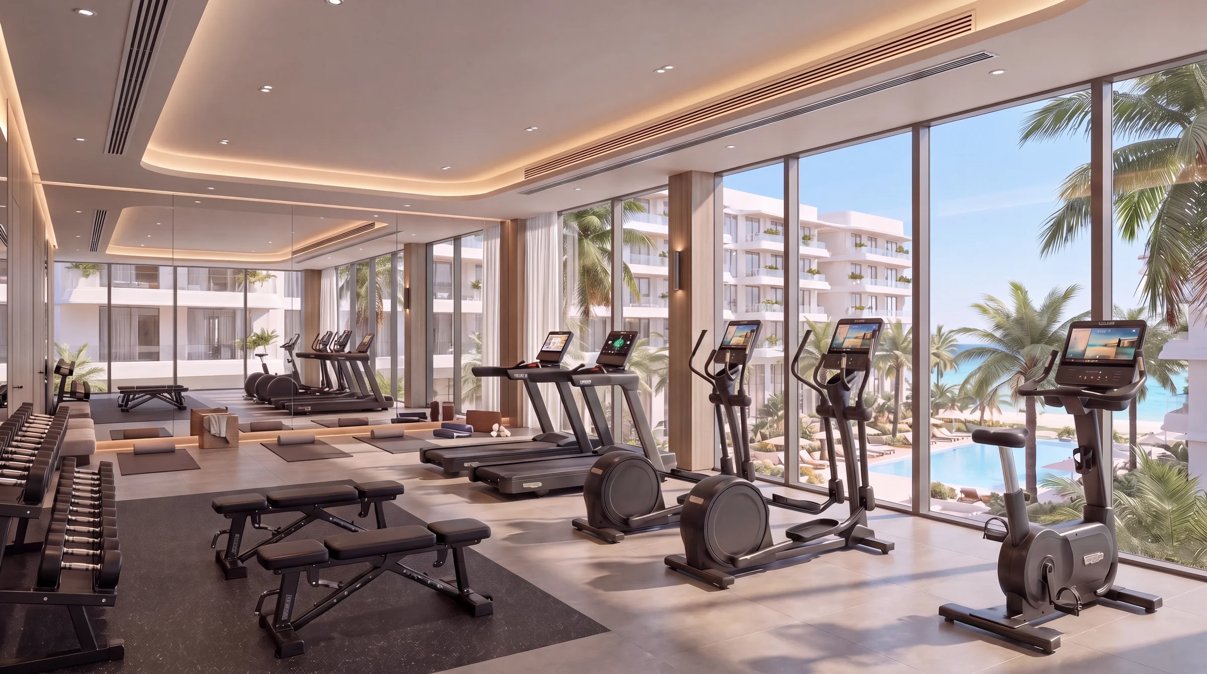 Render of a resort gym with cardio machines and weight benches behind a glass wall looking onto the pool and palms