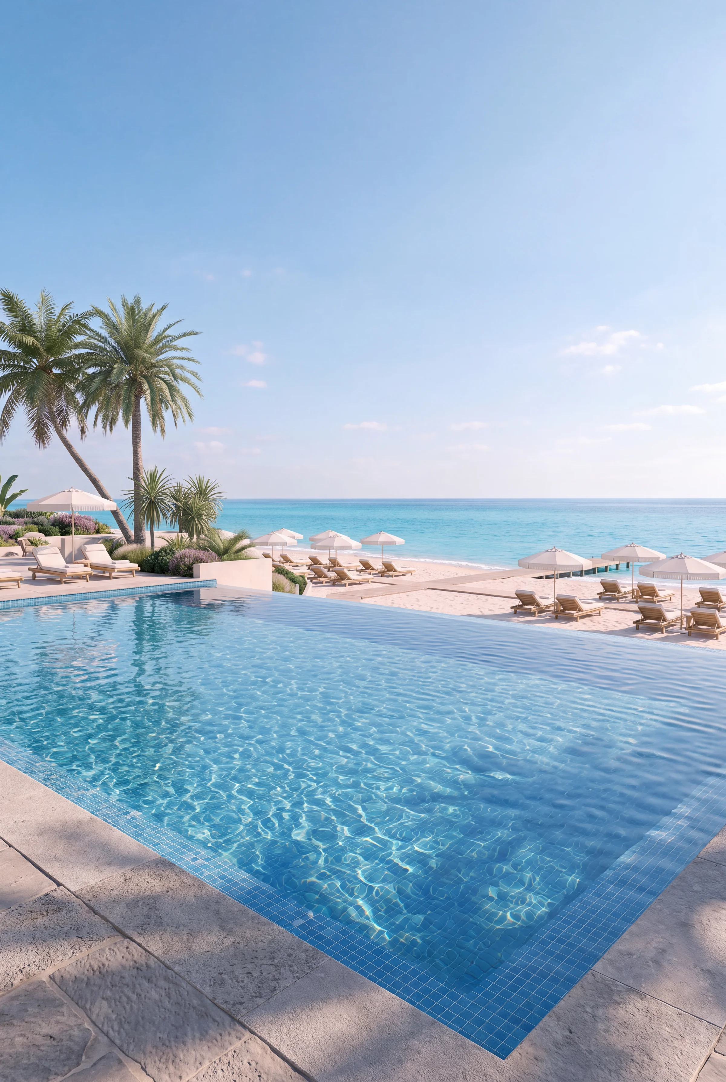 Portrait render of a resort infinity pool by day with palms, loungers and the sea behind