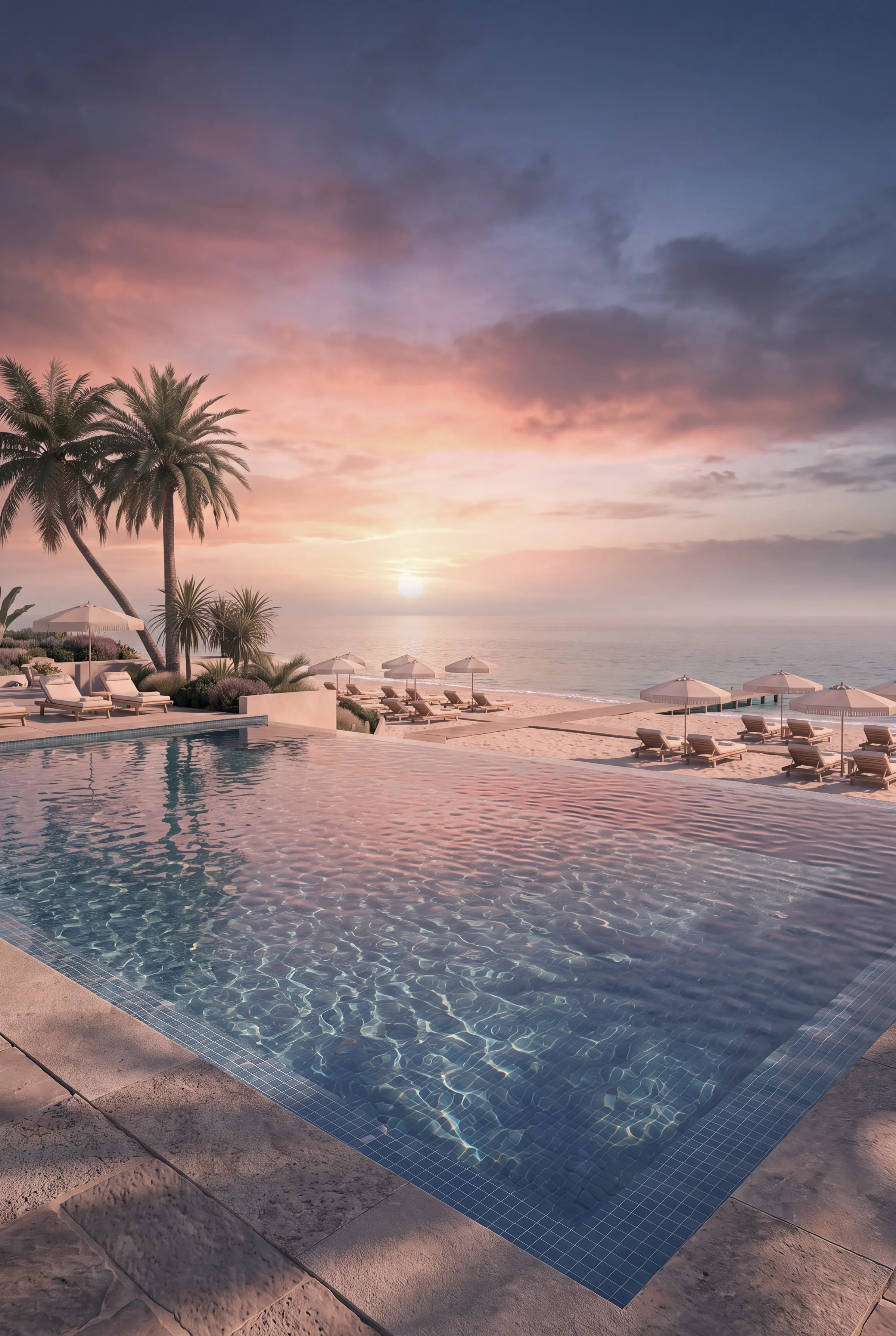 Portrait render of a resort infinity pool at sunset with palms and loungers along the beach