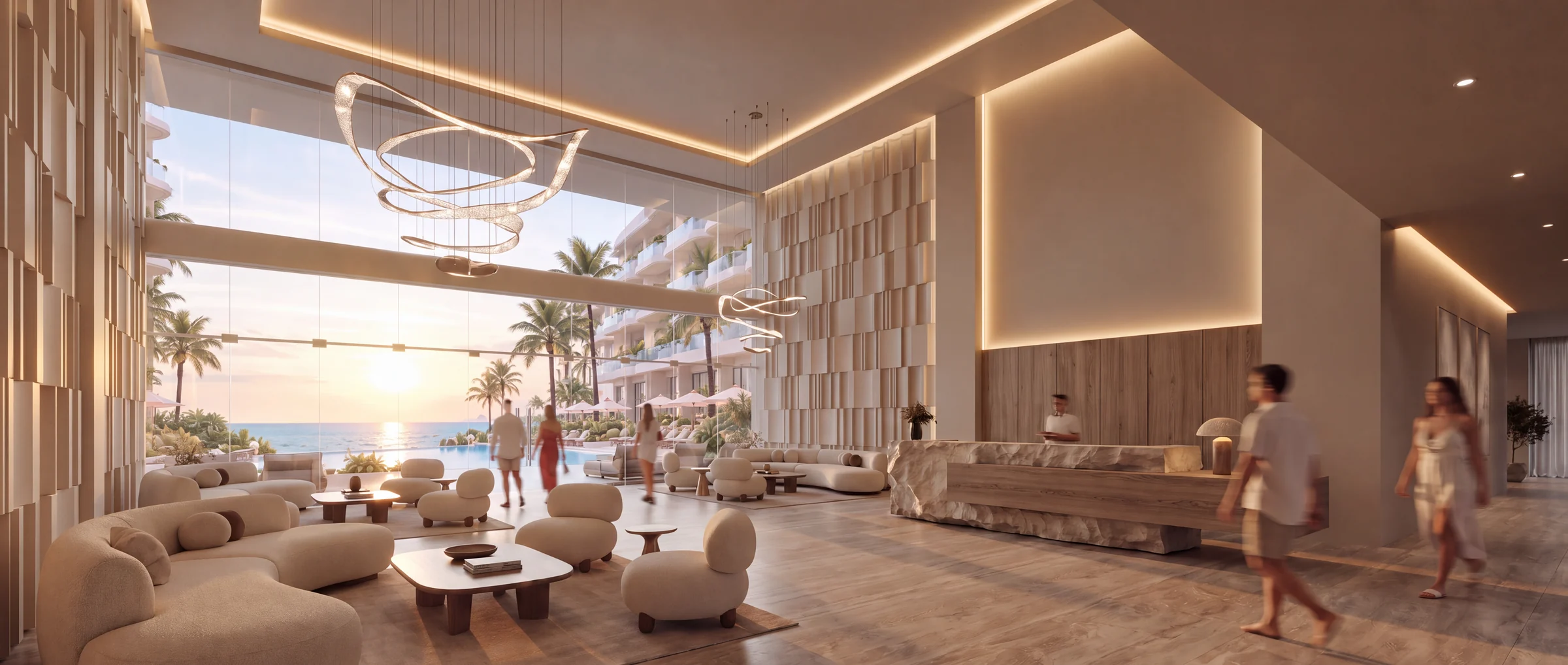 Render of a resort lobby lounge at sunset with low sofas, a sculptural chandelier and guests walking toward the terrace
