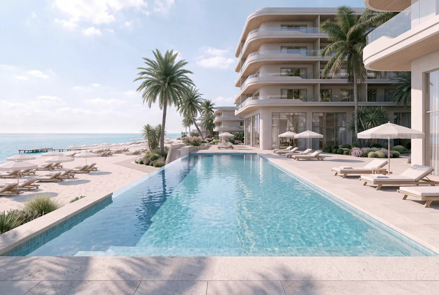 Render of a long resort pool along terraced white hotel buildings with loungers, umbrellas and palms facing the sea