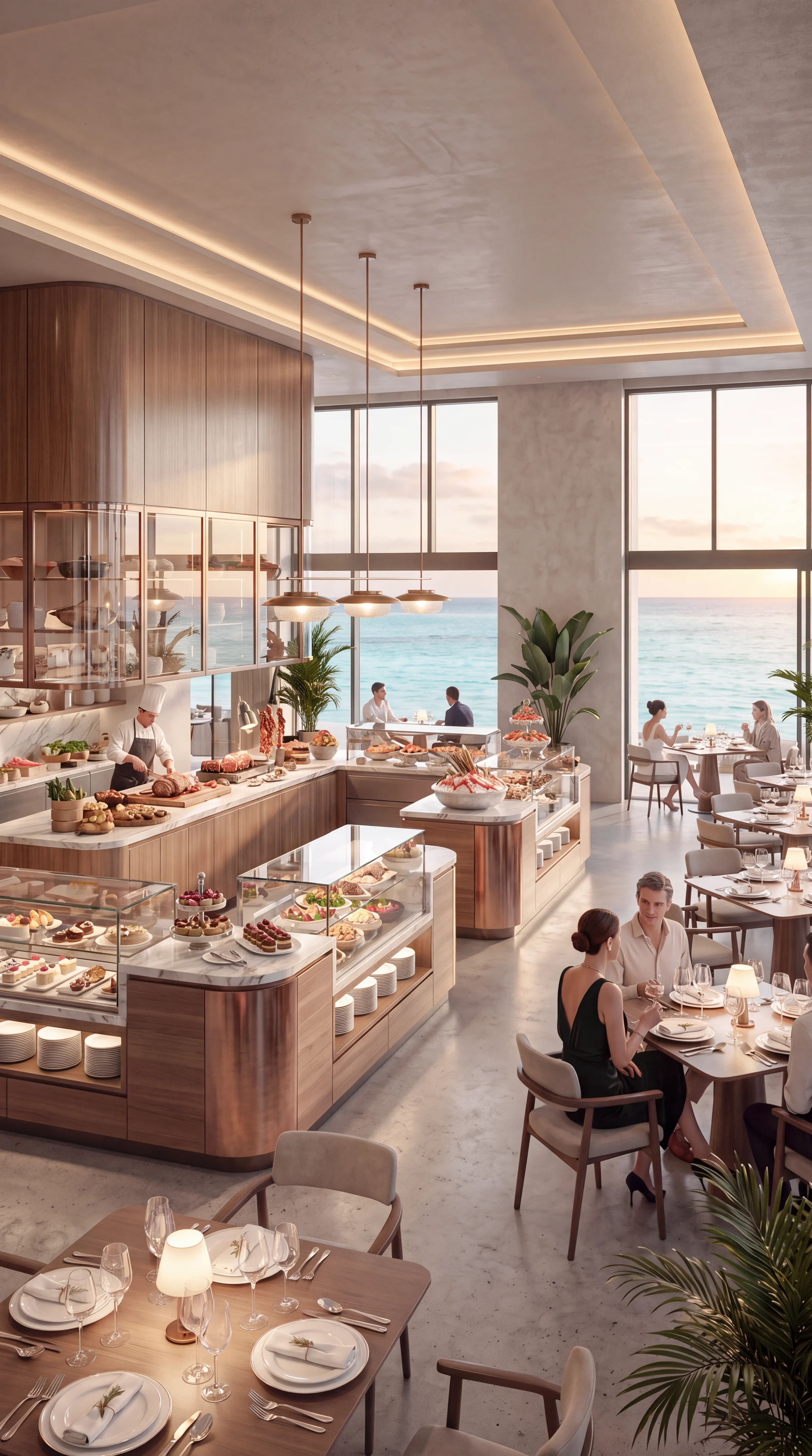 Portrait render of a resort main restaurant with buffet counters, dining tables and sea views