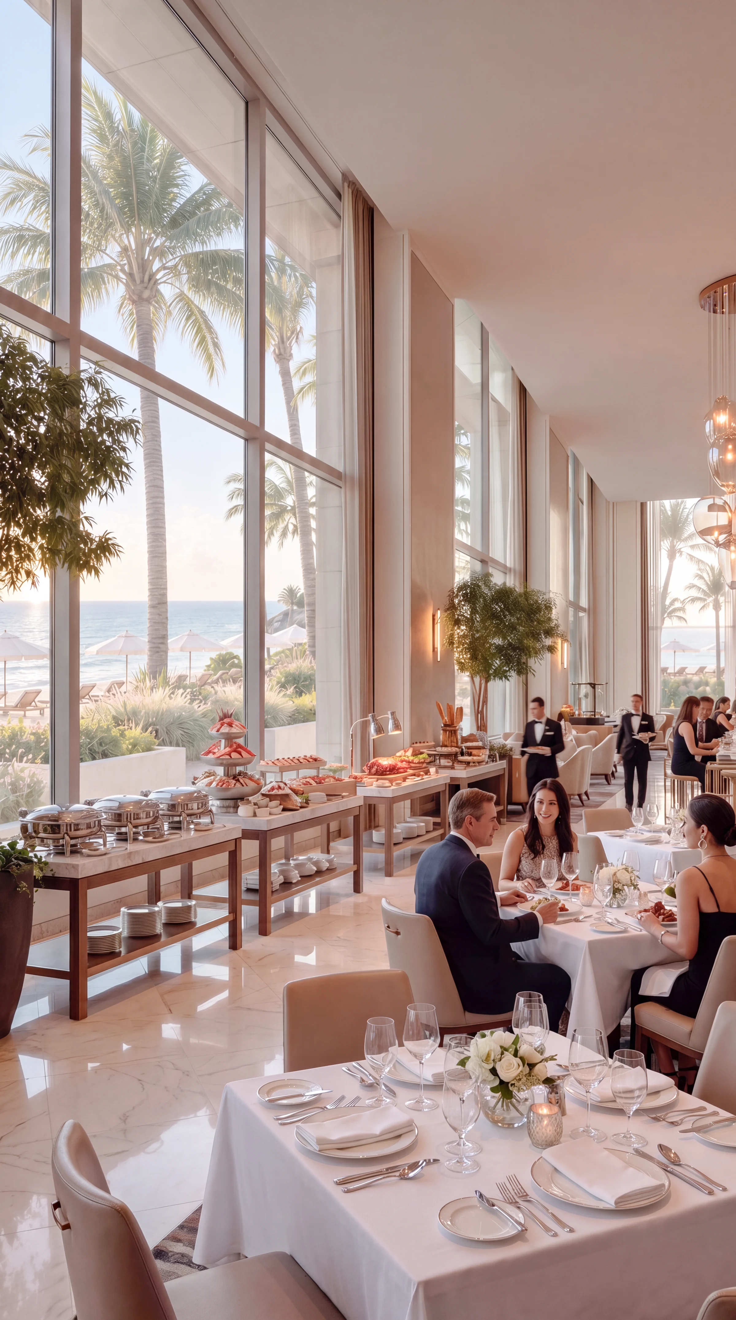 Portrait render of a resort main restaurant at dinner with white tablecloths and tall windows to the garden and sea