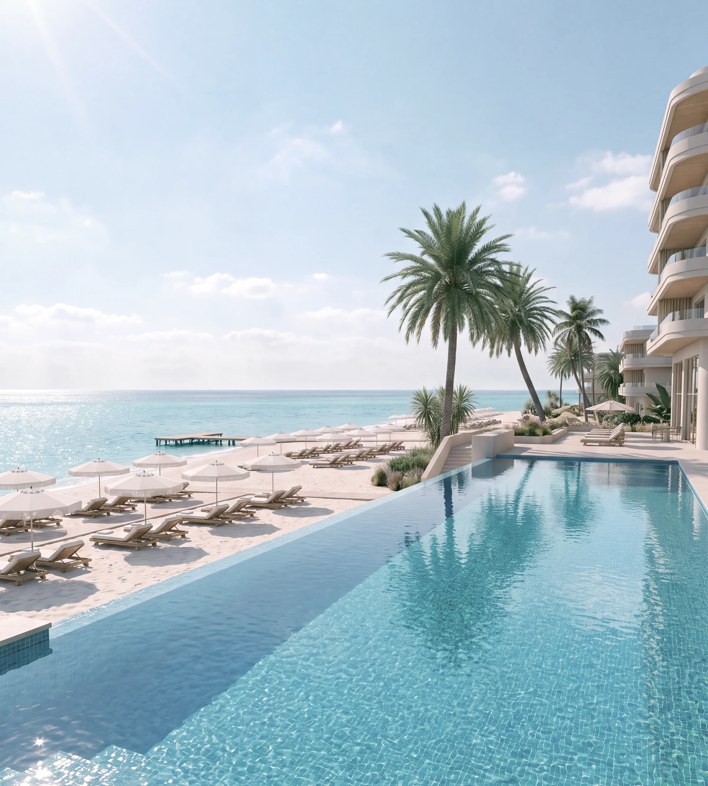 Render of a resort pool terrace with an infinity edge, loungers and white hotel terraces above the sea