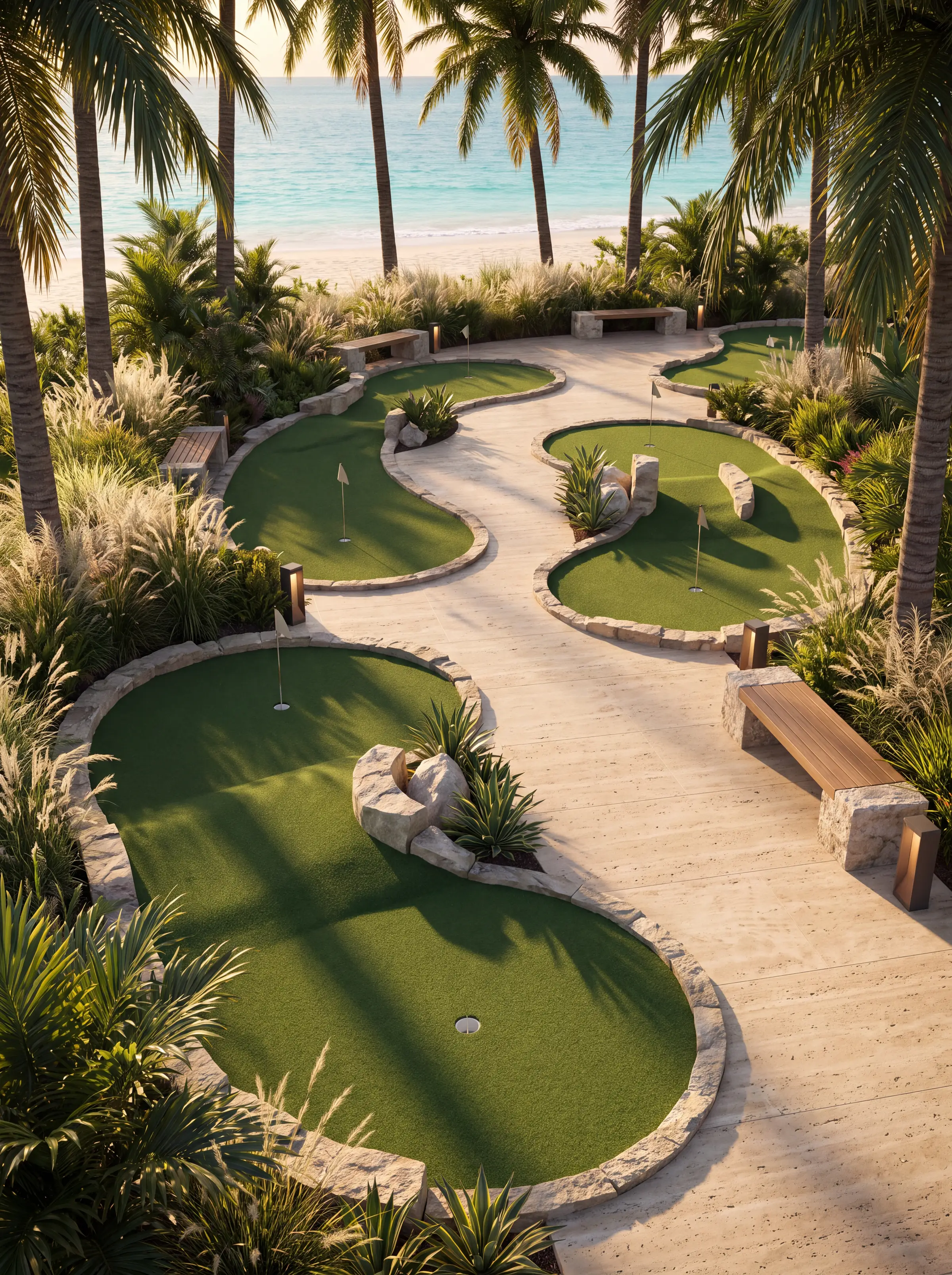 Portrait render of a stone path through a resort putting course with greens and palms leading to the beach