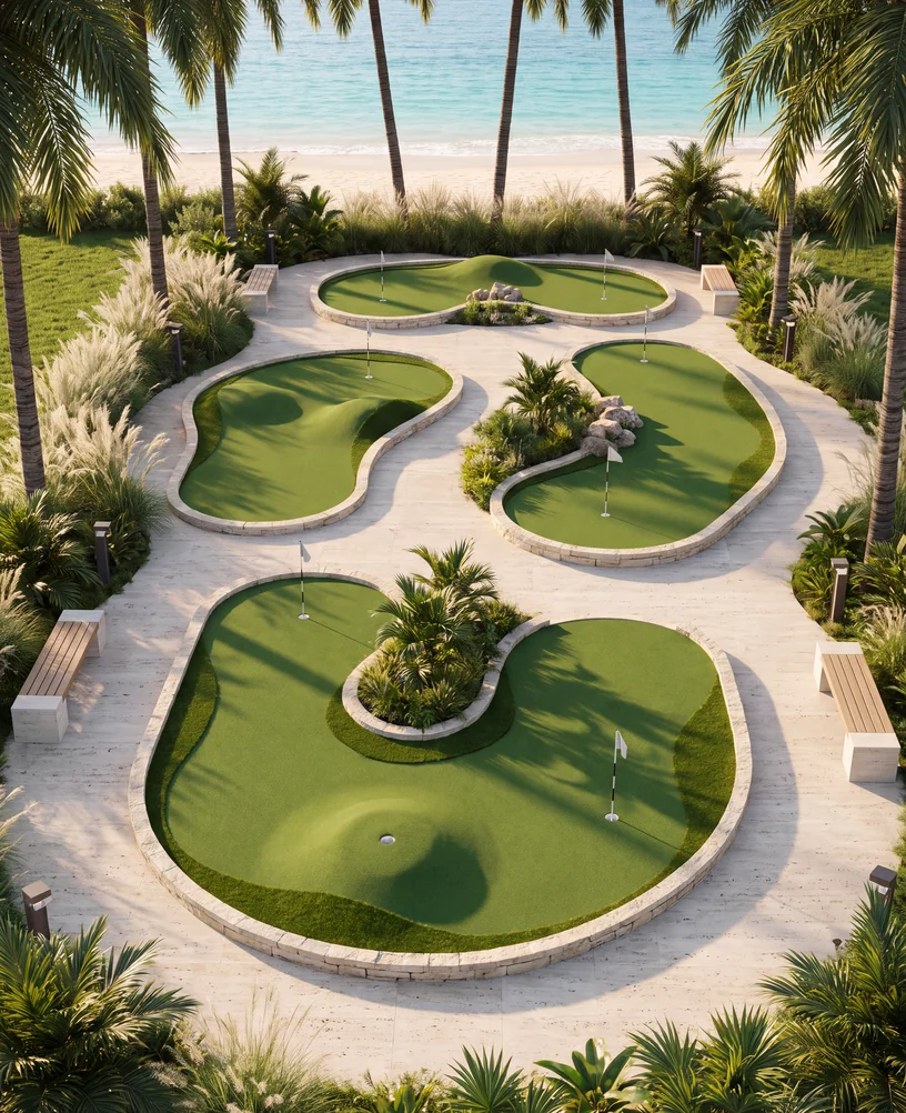 Top view render of a resort putting course with curved greens, stone edging and tropical planting by the beach