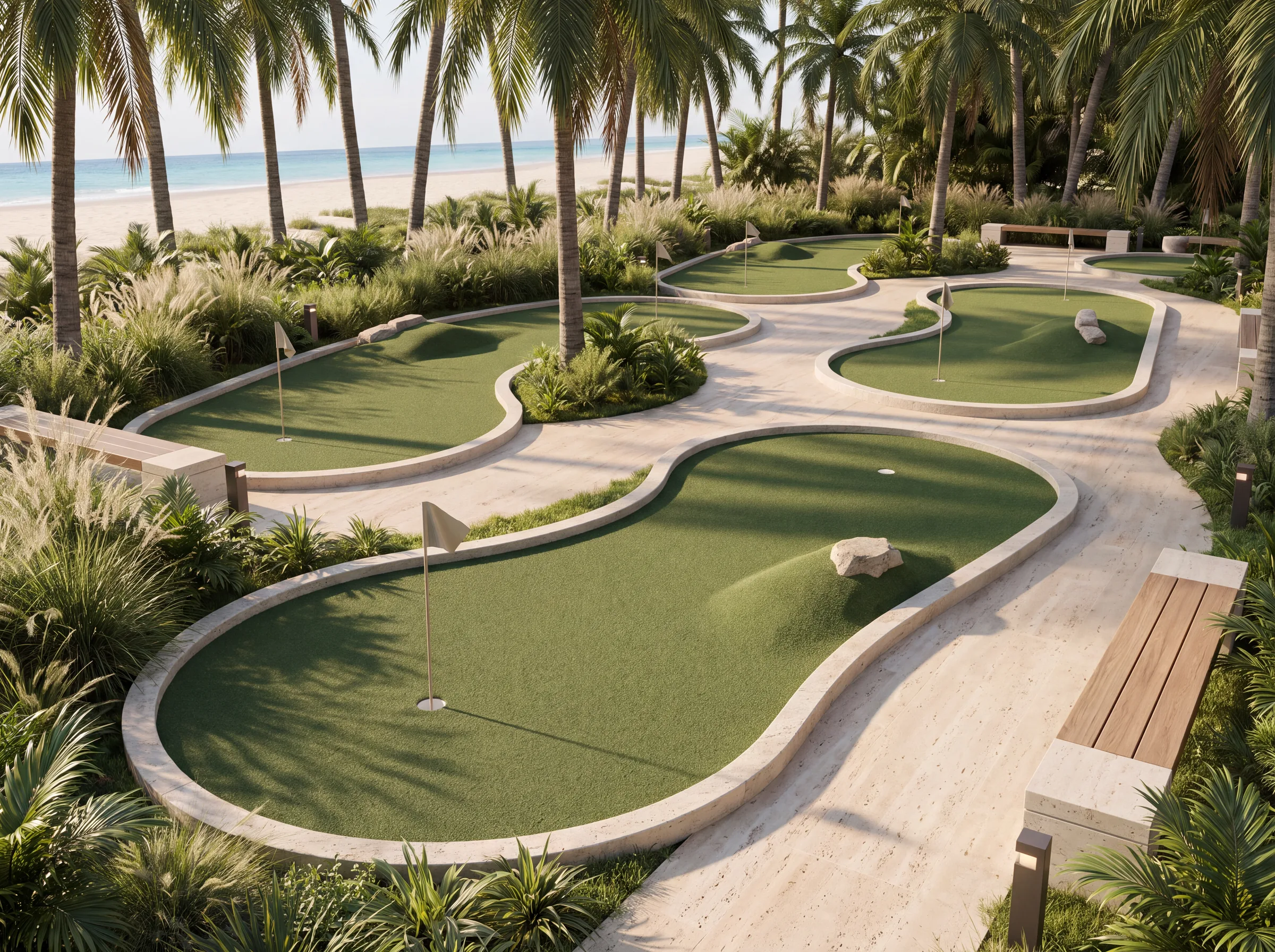 Render of resort putting greens with stone borders among palms and grasses near the beach