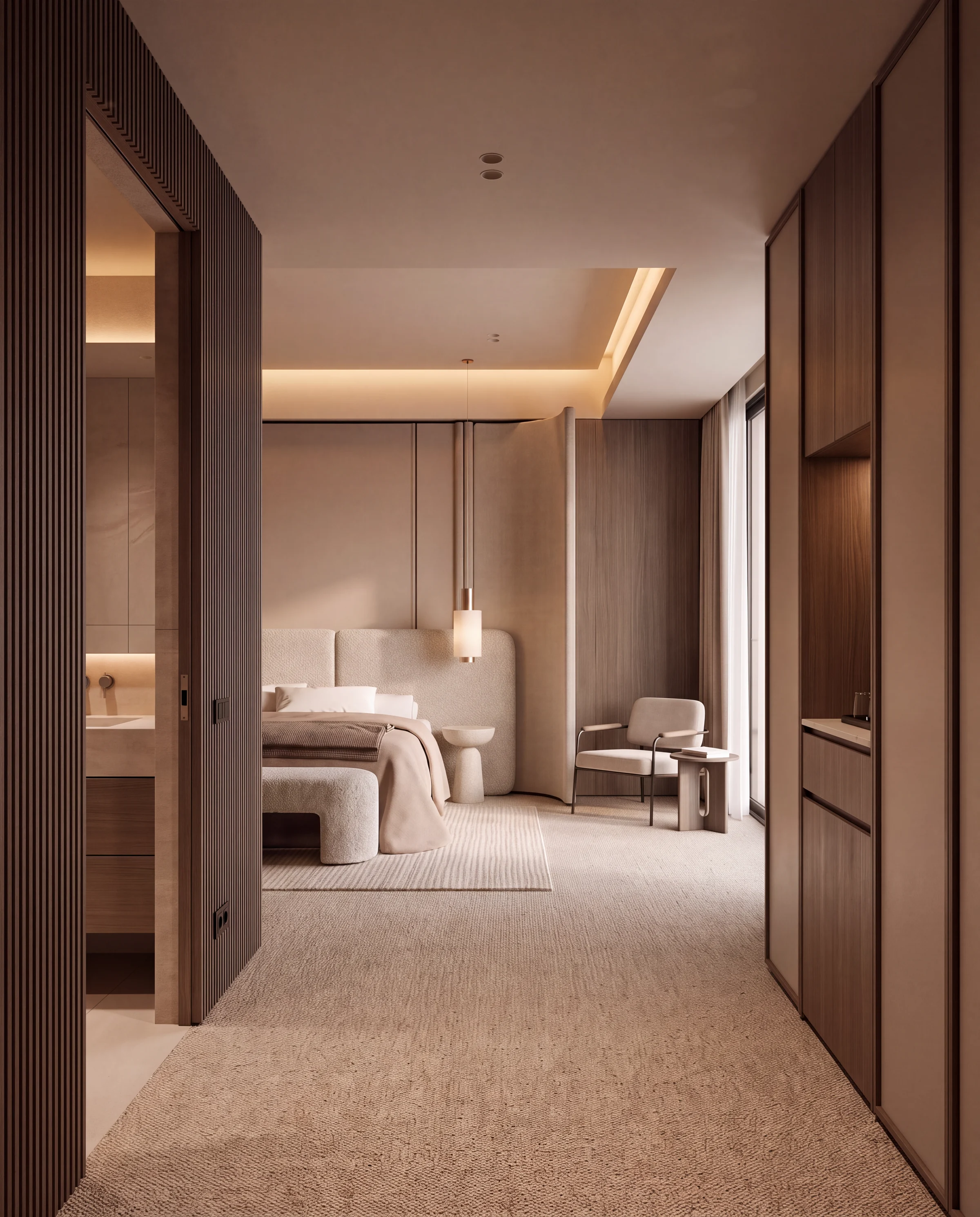 Portrait render of a resort guest room seen from the entrance, with a bed, an armchair and pendant lights