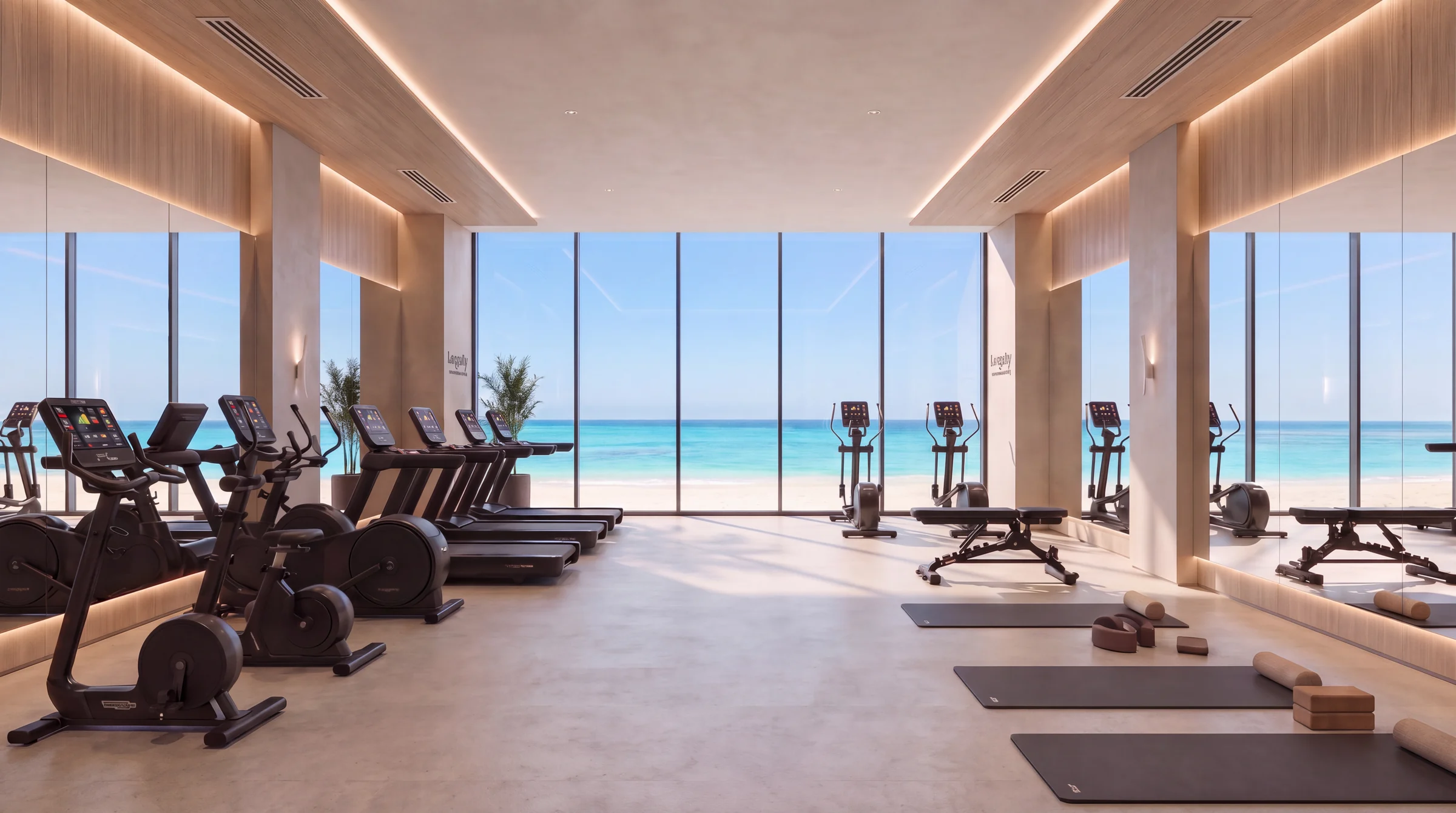 Render of a resort gym with treadmills, bikes and mats facing full-height glass to the sea