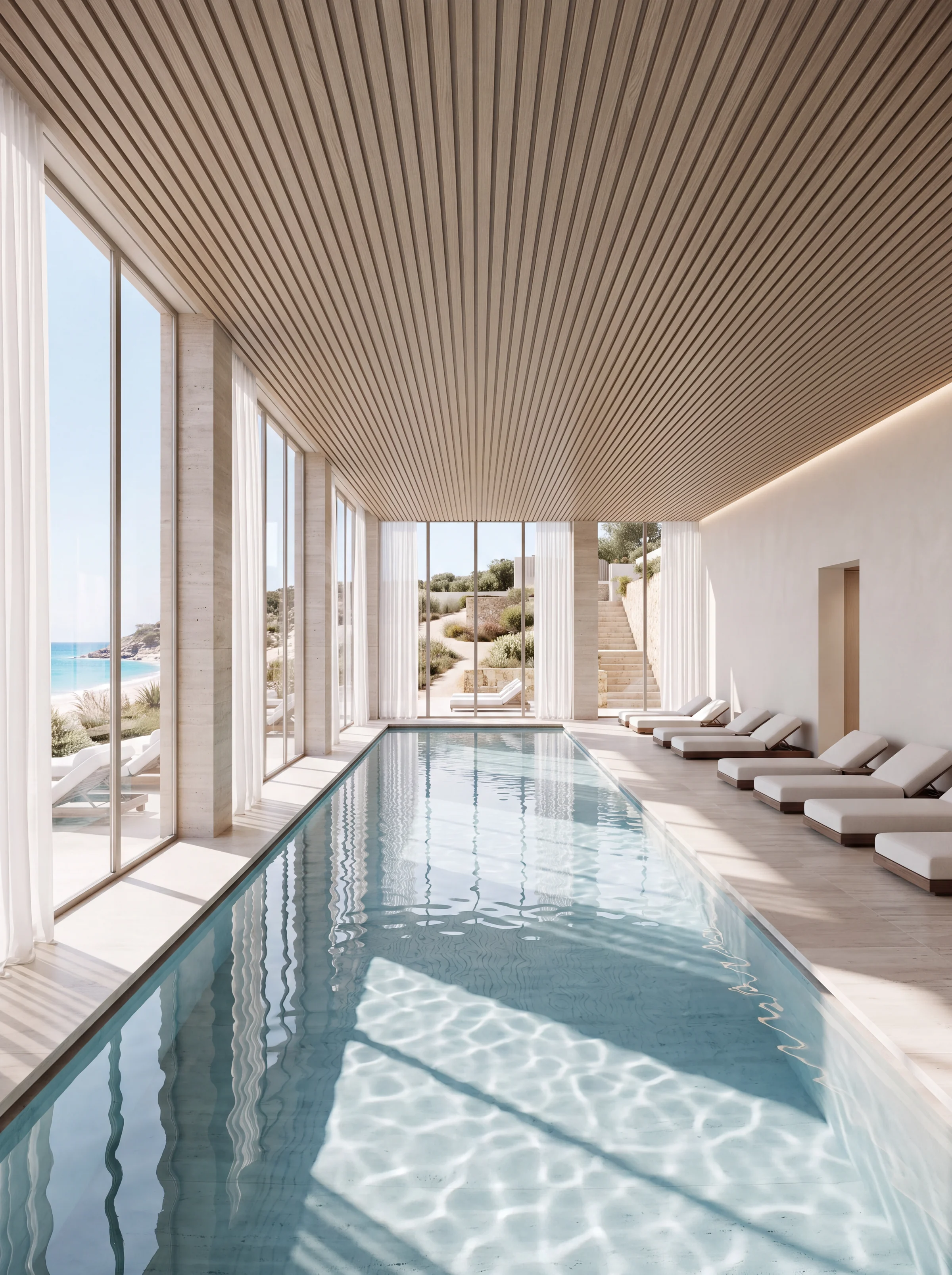 Portrait render of a resort spa with an indoor pool, loungers along full-height glazing and a slatted timber ceiling