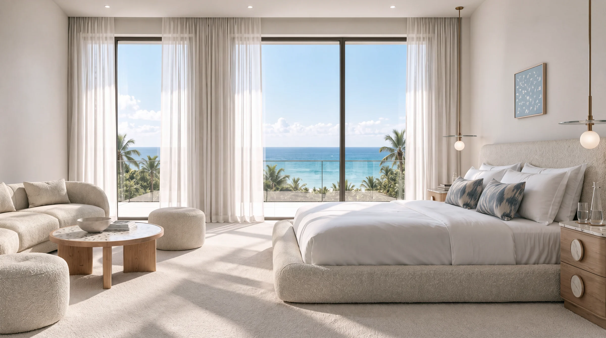 Render of a resort villa bedroom with a large bed, a sofa, sheer curtains and full-height windows to the sea