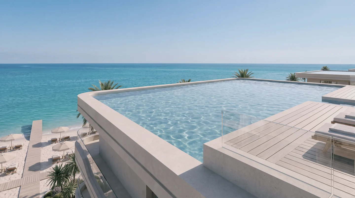 Render of a villa rooftop pool with a timber deck overlooking a turquoise sea