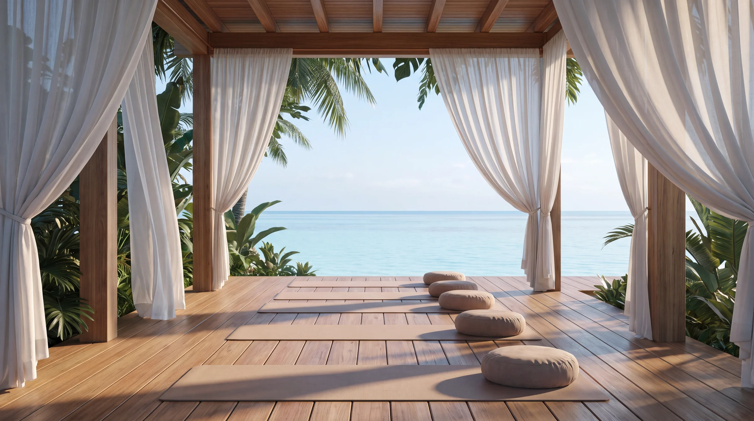 Render of a resort yoga pavilion with a timber deck, white drapes and floor cushions facing the sea