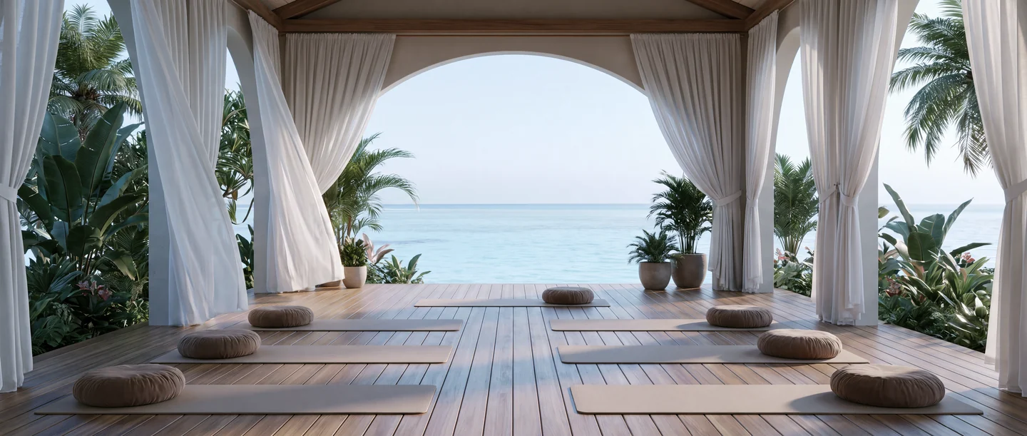 Render of an open resort yoga pavilion with white curtains, floor cushions and an arched opening to the sea
