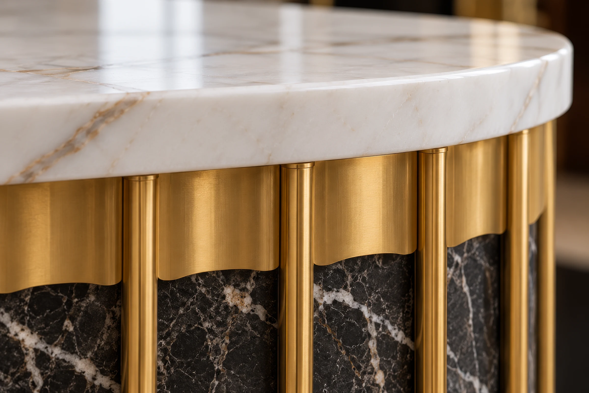 Close-up render of a bar counter with a white marble top over brass fluting and black marble panels