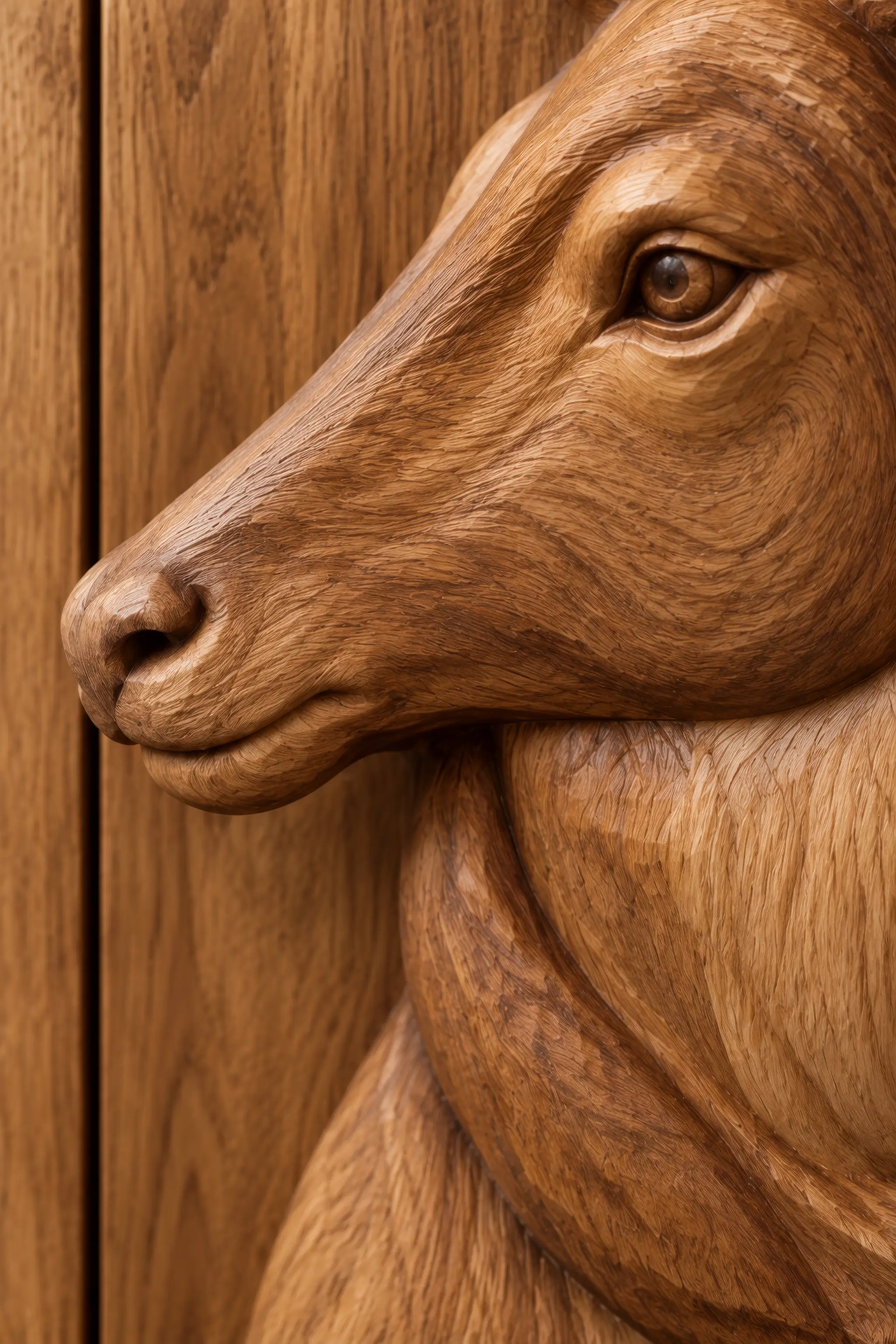 Close-up portrait render of a carved timber deer head on a console door