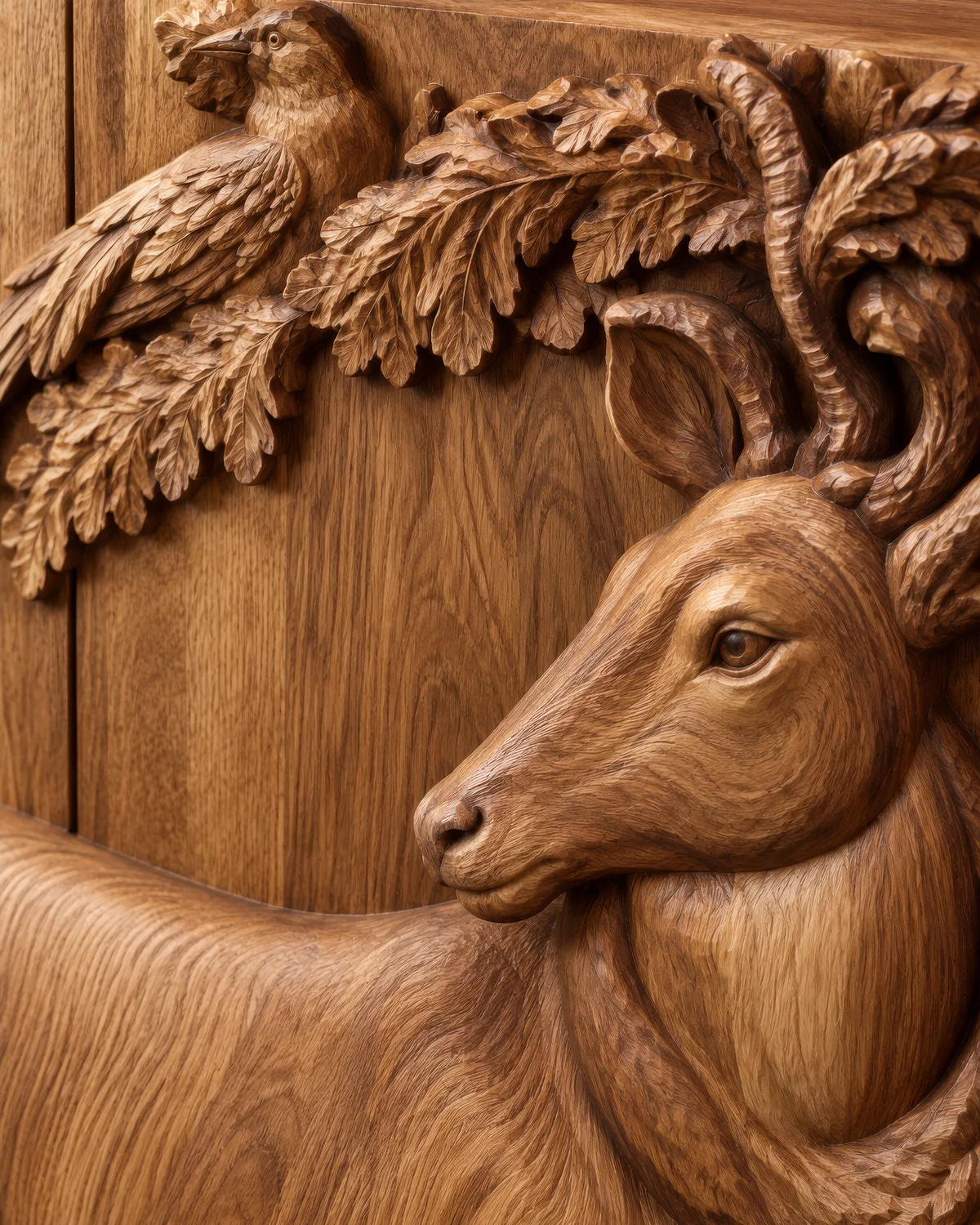 Close-up render of a carved timber console panel with a bird, oak leaves and a deer