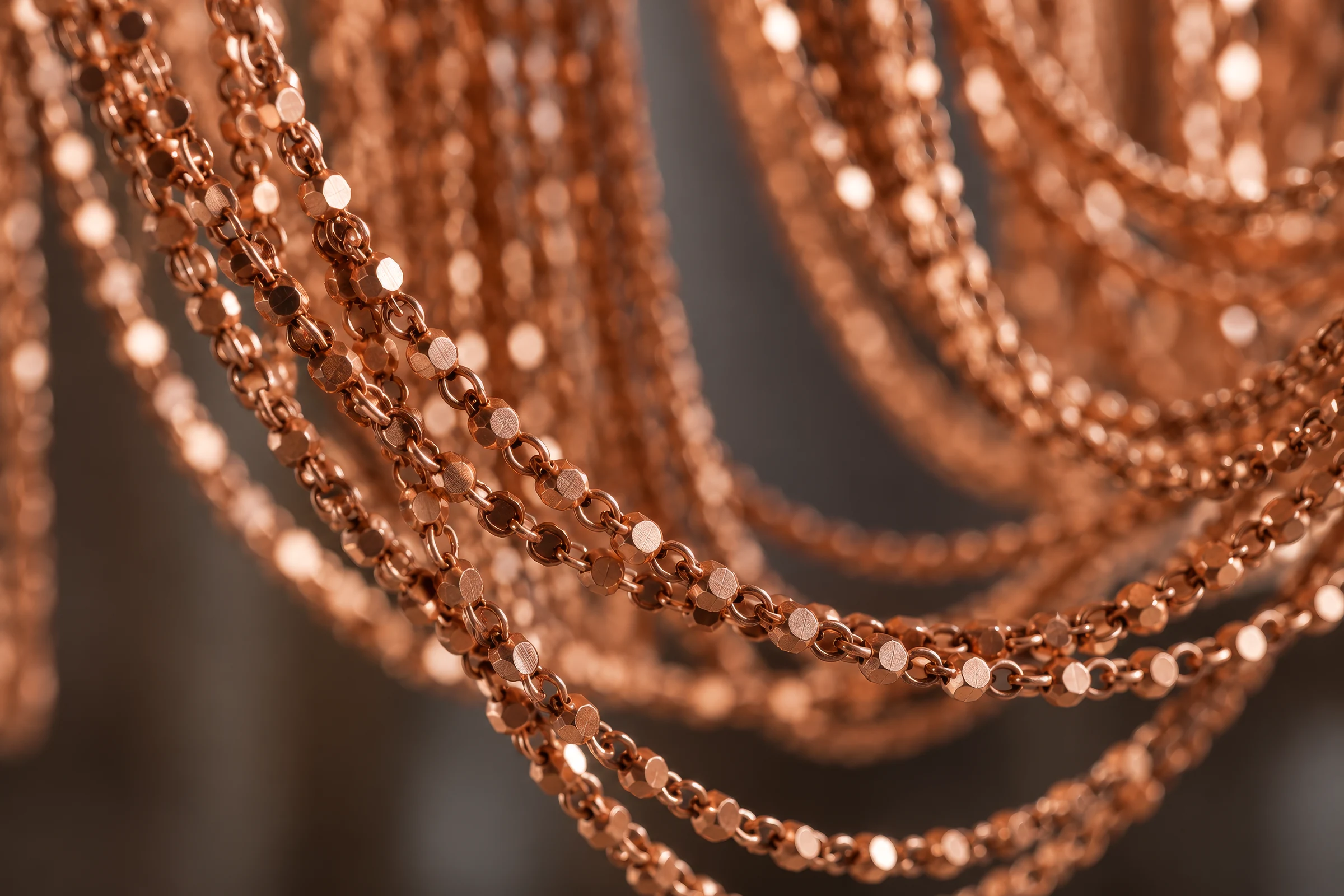 Close-up render of the copper chain loops of a hotel bar pendant