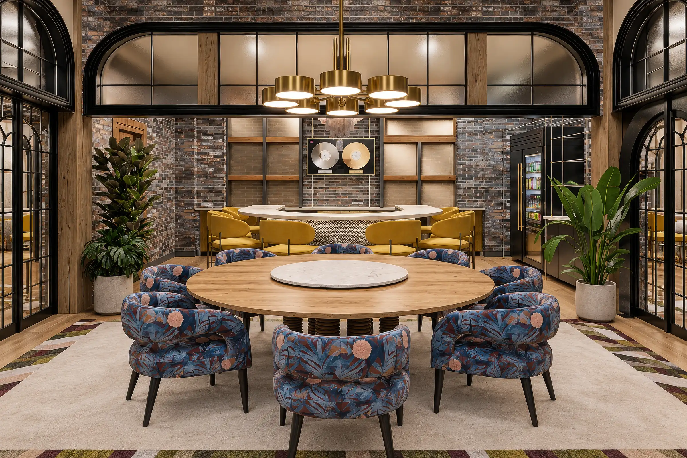 Render of a hotel dining room with a round timber table, blue patterned chairs, a brass chandelier and black steel arched windows
