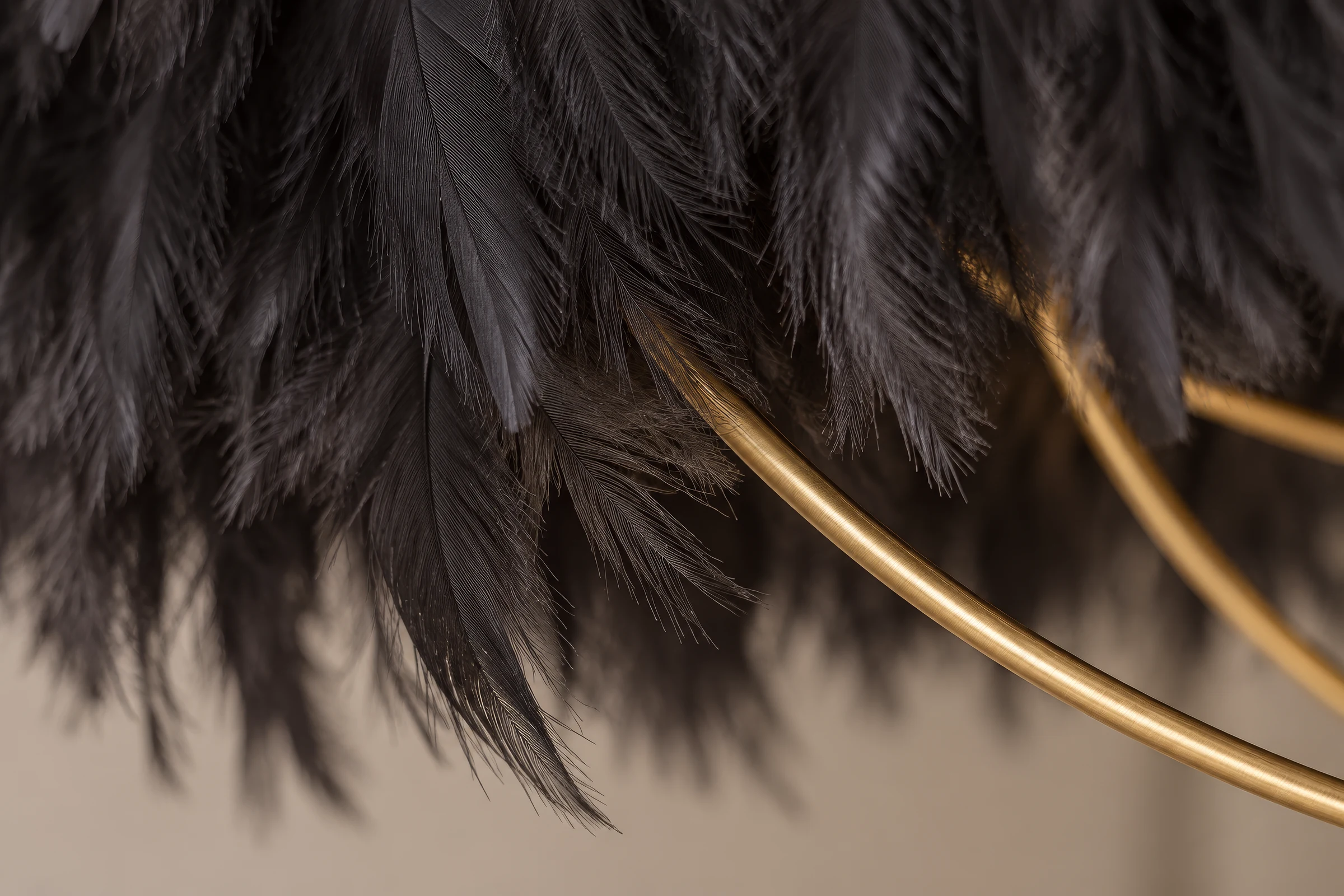 Close-up render of black feathers on a brass ring pendant