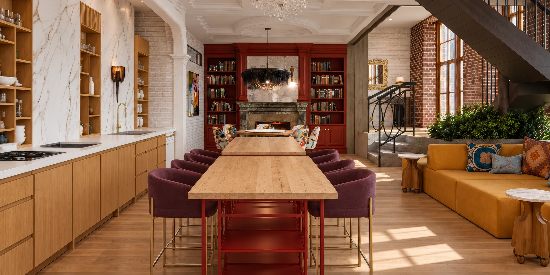 Render of a boutique hotel shared floor with an open kitchen, a long timber communal table with plum chairs, a red library wall with a fireplace, a mustard sofa and a steel staircase