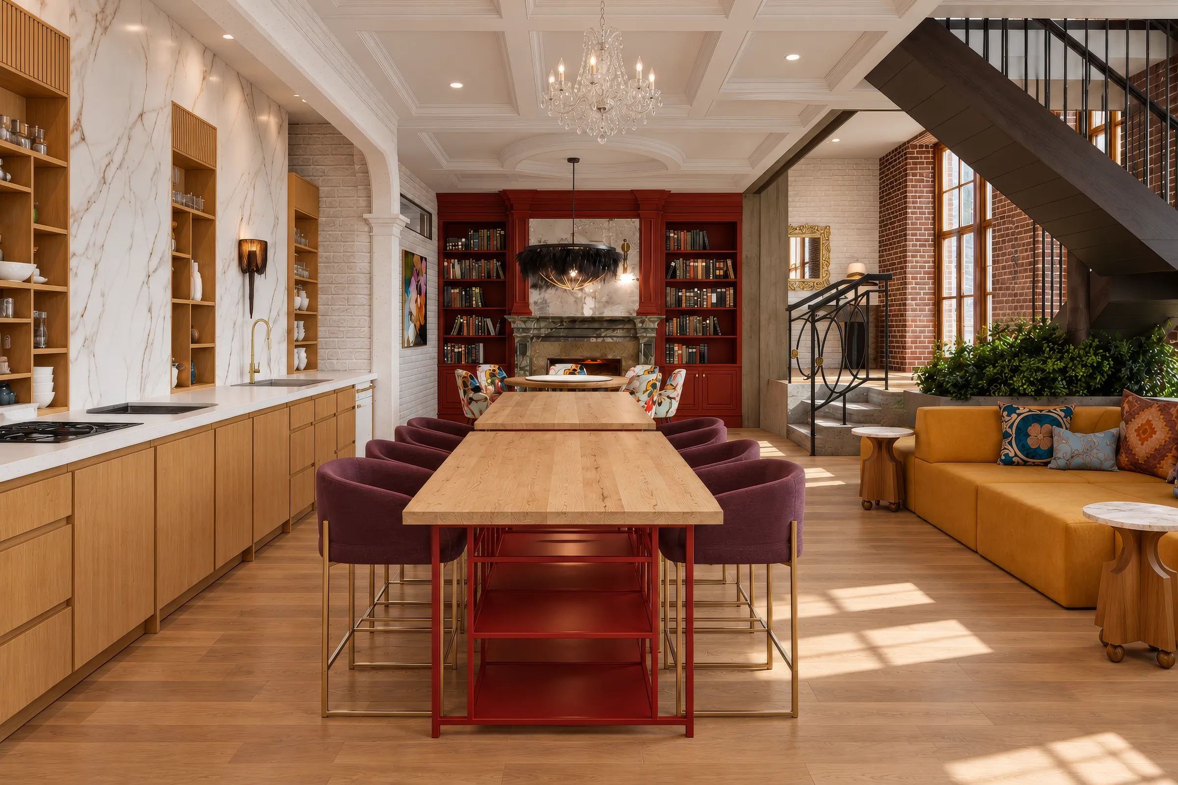 Render of an open hotel kitchen with marble walls and oak shelves beside a long timber communal table with plum velvet chairs, a red library wall and a steel staircase