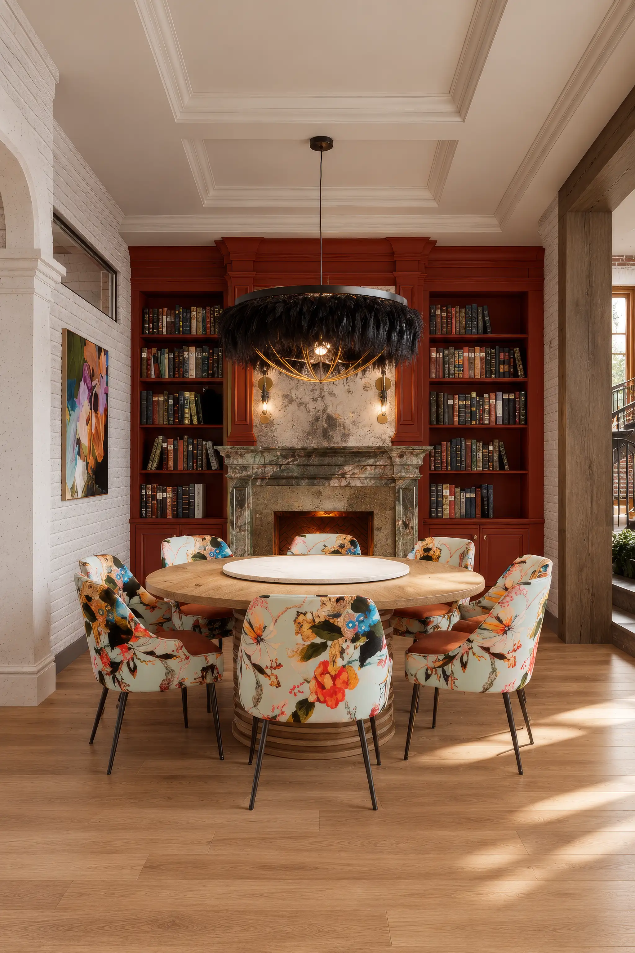 Portrait render of a hotel library dining room with a round timber table, floral chairs, red bookshelves, a marble fireplace and a black feather pendant