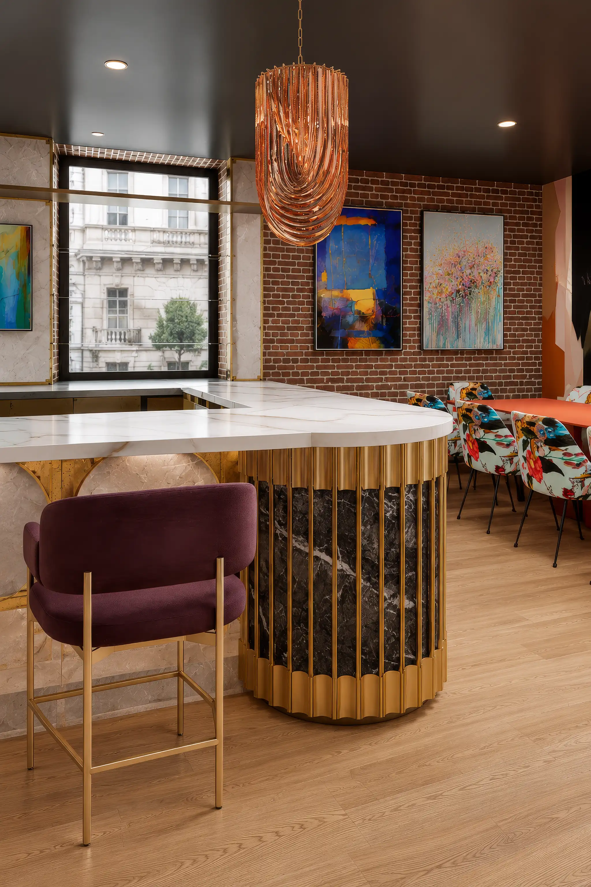 Portrait render of the end of a hotel bar with a white marble top, a brass-fluted base, a plum velvet stool and a copper pendant by a brick wall with paintings