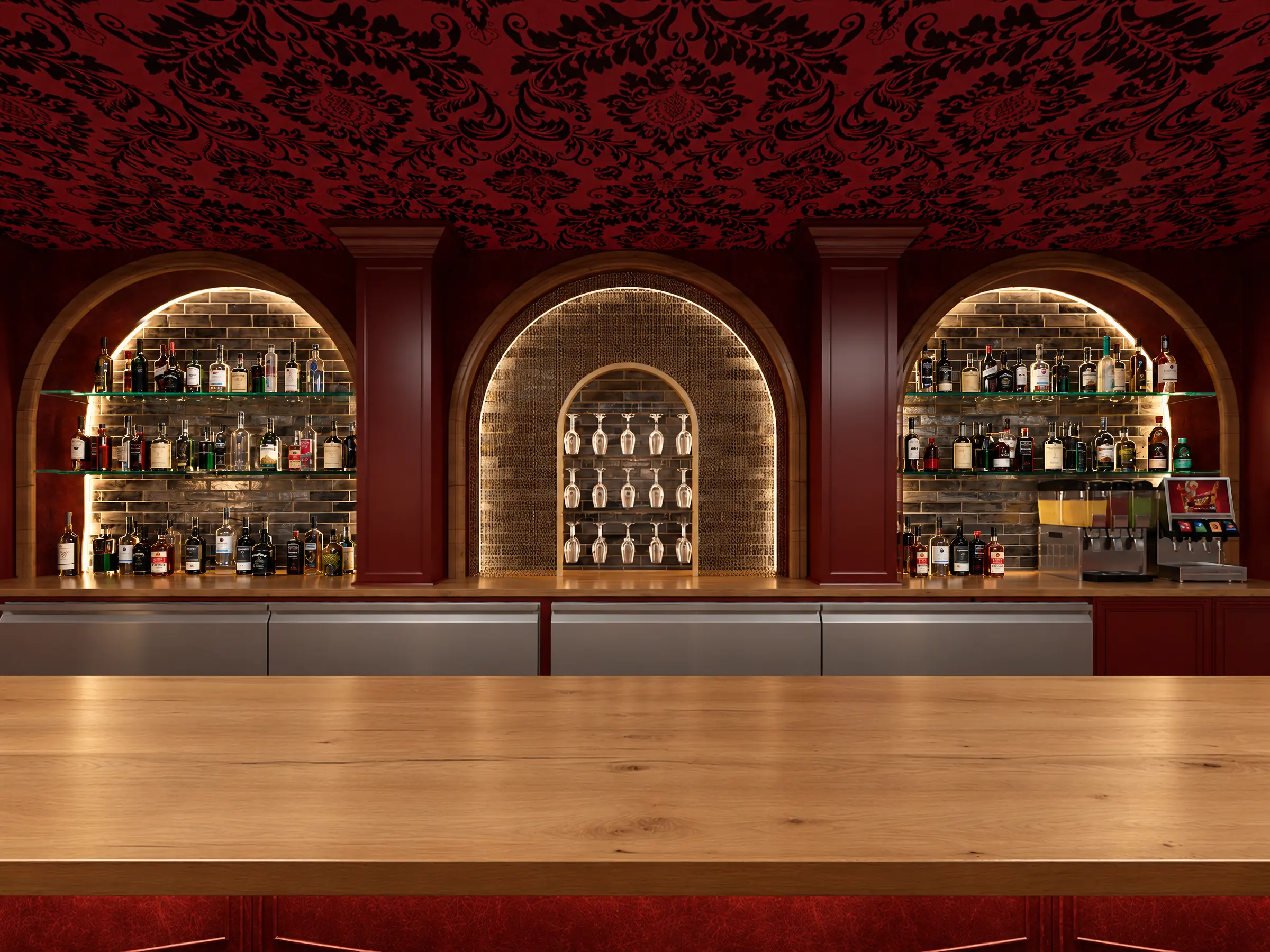 Render of a red speakeasy bar with three arched back-bar niches, bottle shelves, a damask ceiling and a timber bar top